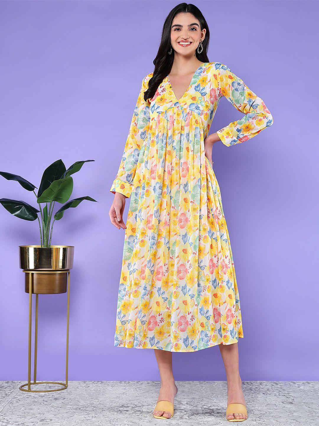baesd floral printed v-neck cuffed sleeves gathered detailed cotton empire dress