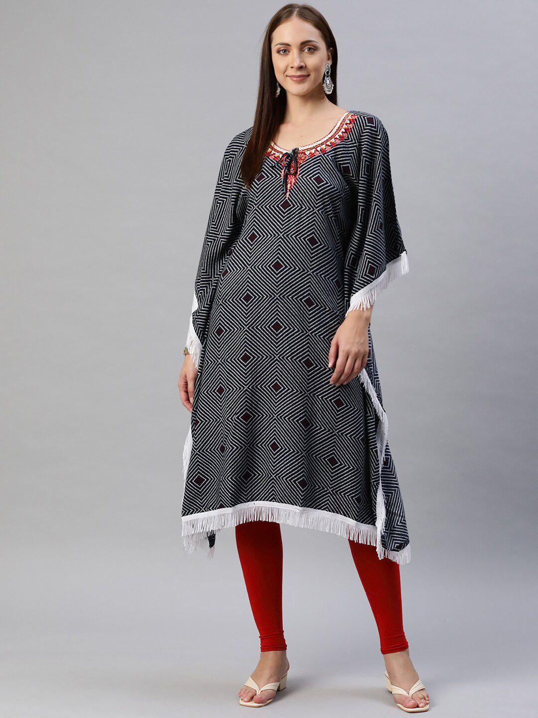 baesd geometric printed round neck flared sleeves thread work cotton kaftan kurta