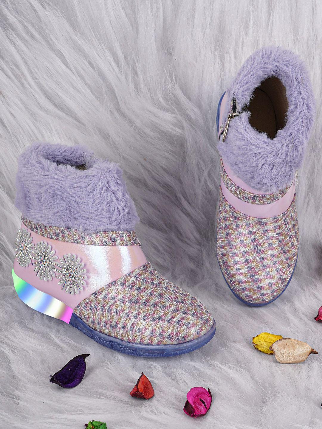 baesd girls embellished faux fur flatform heel winter boots with led lights