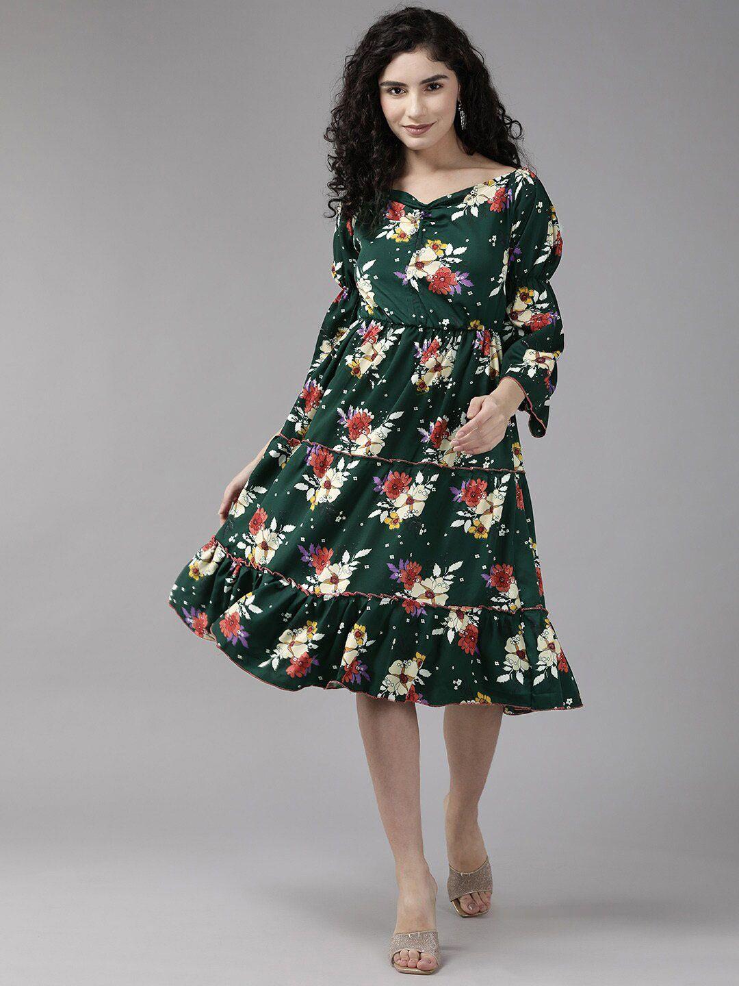 baesd green floral print tie-up neck bell sleeve georgette fit & flare midi dress