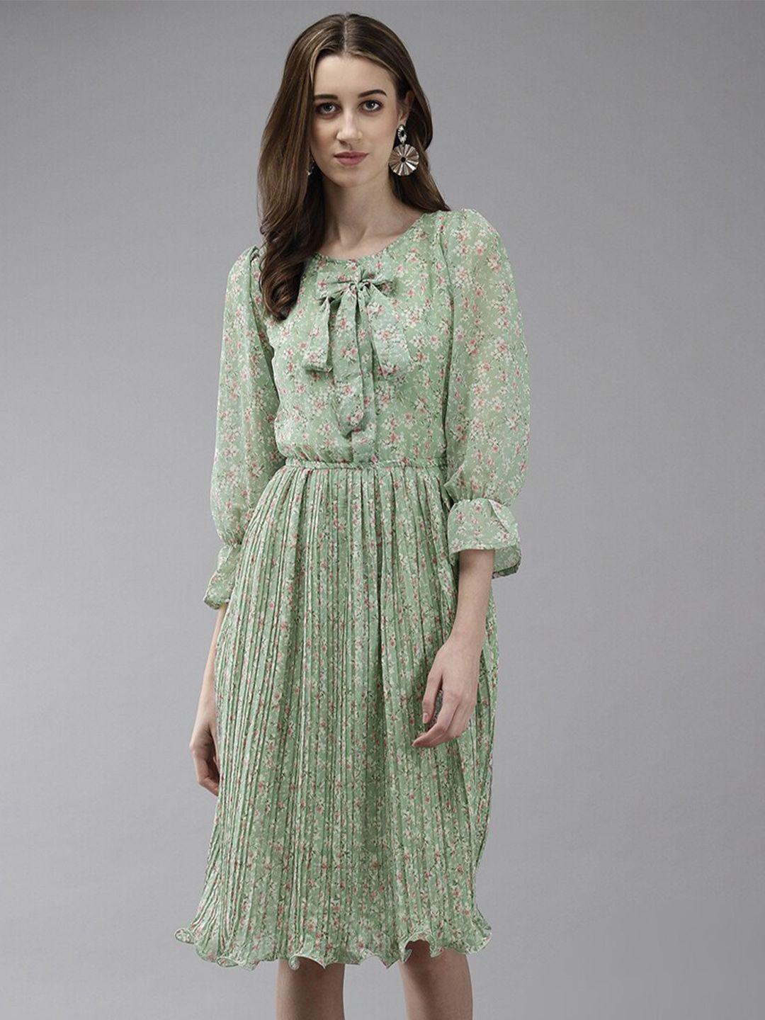 baesd green floral print tie-up neck georgette fit & flare dress