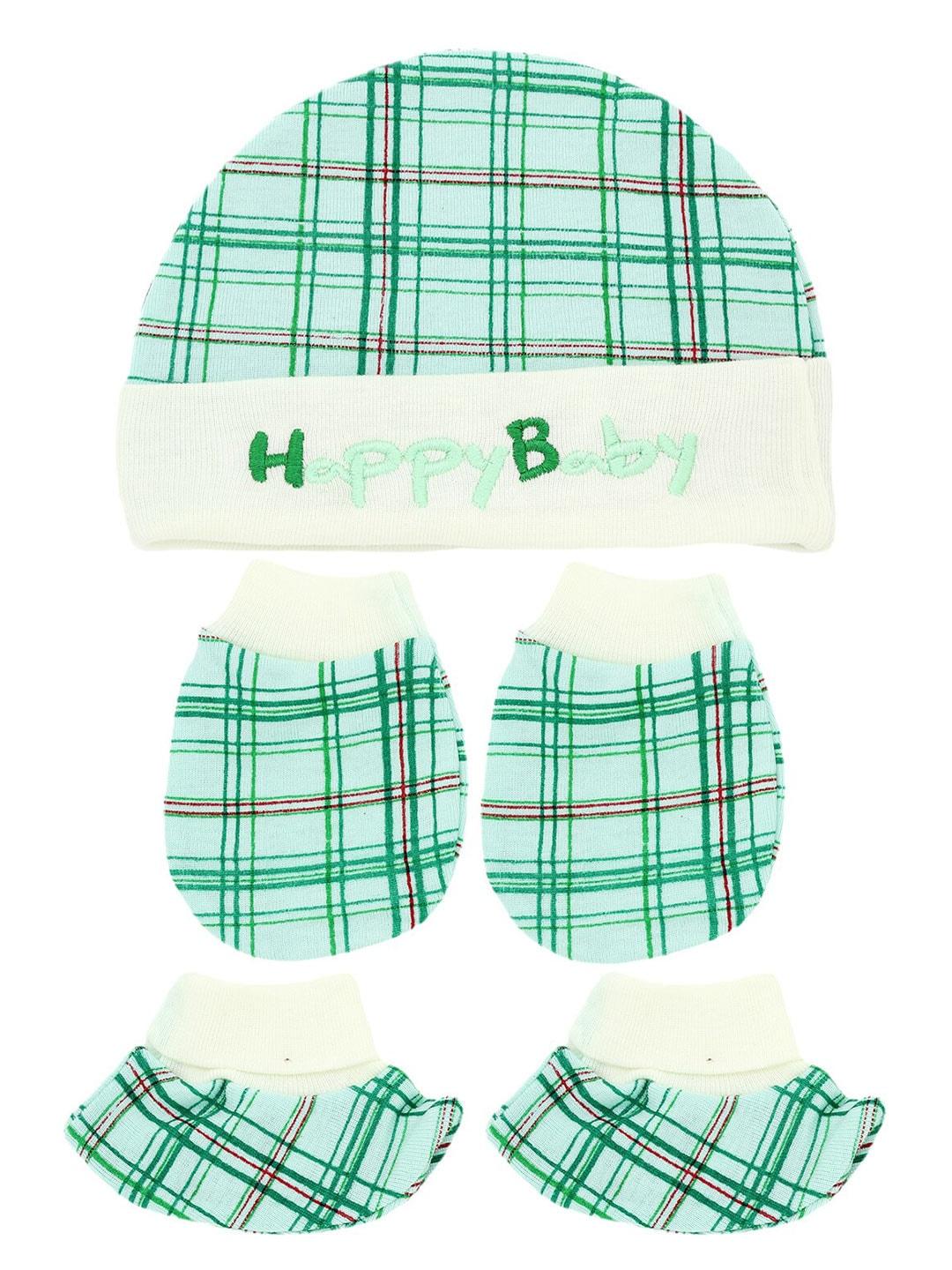 baesd infants checked organic cotton mittens with booties & cap
