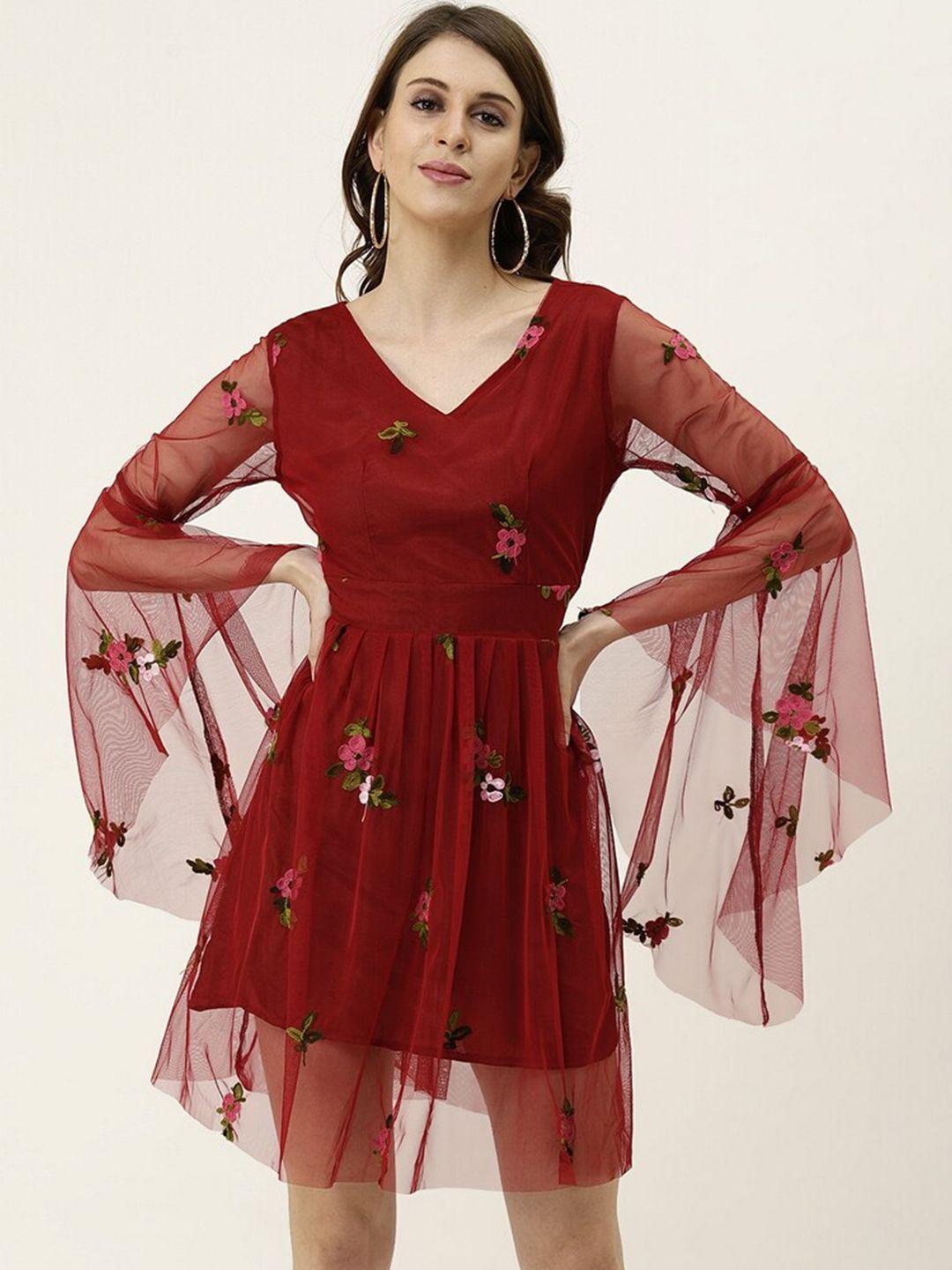 baesd-maroon-floral-bell-sleeve-fit-&-flare-dress