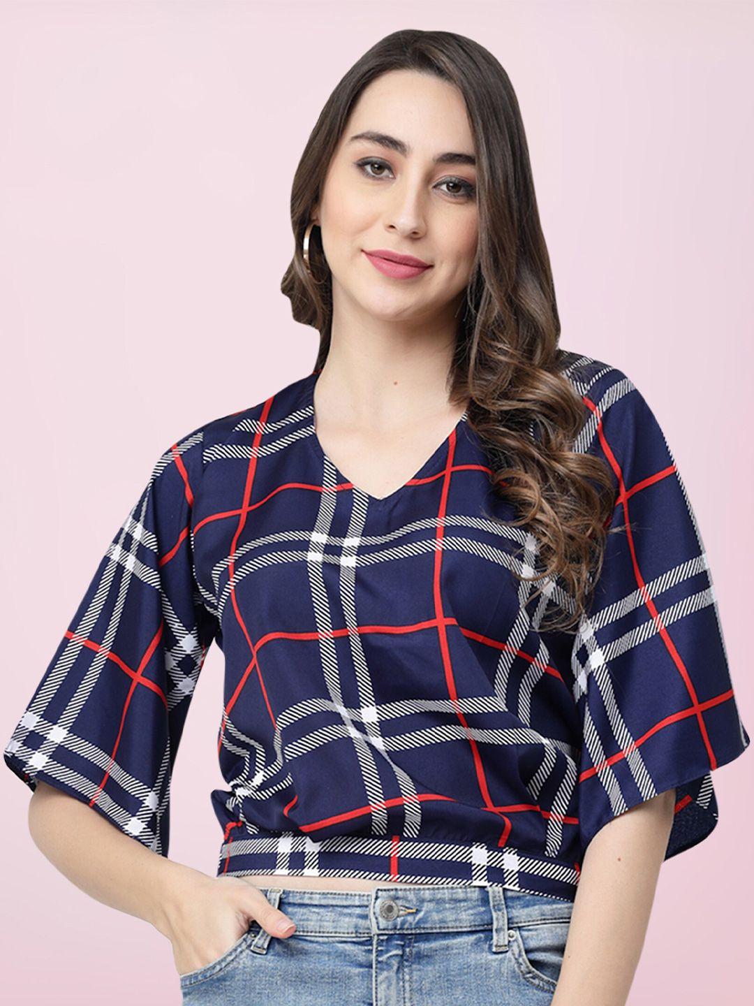 baesd navy blue checked flared sleeve crepe top