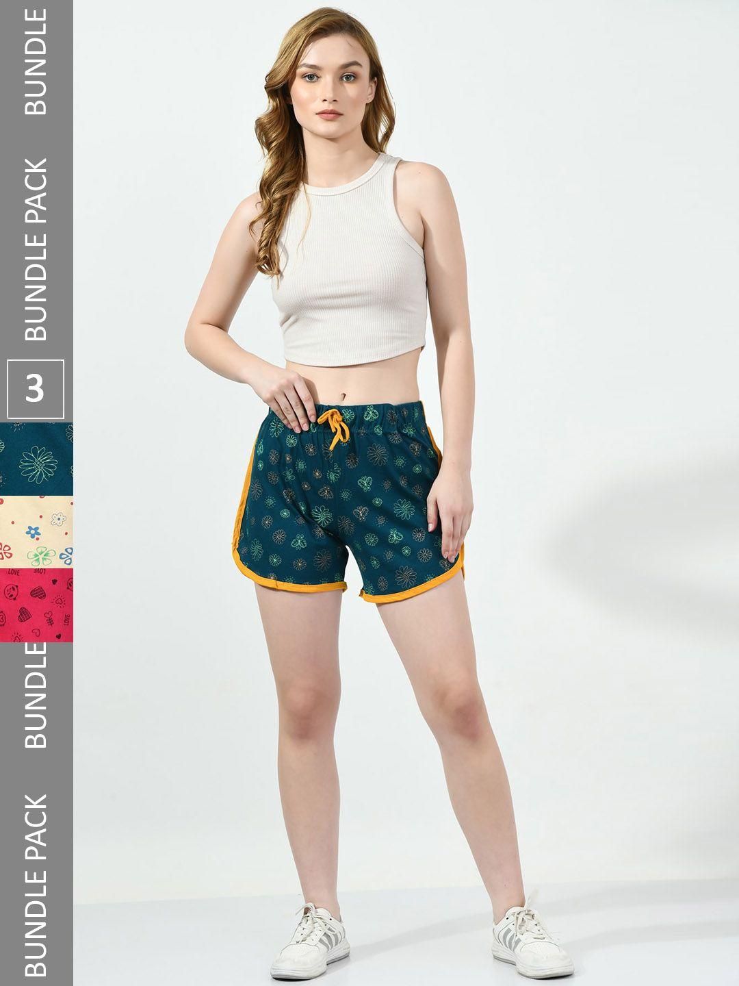 baesd pack of 3 printed pure cotton hot pants shorts