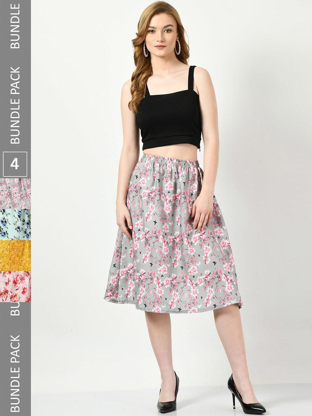 baesd pack of 4 floral printed flared midi crepe skirts