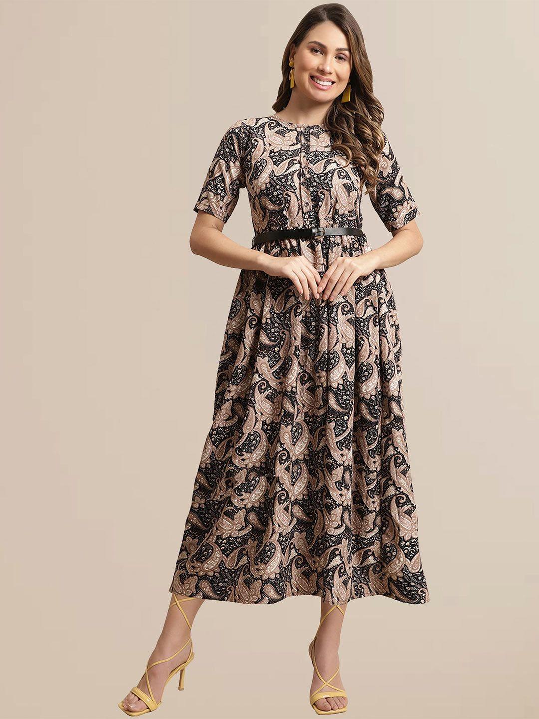 baesd paisley motifs print belted fit & flare dress