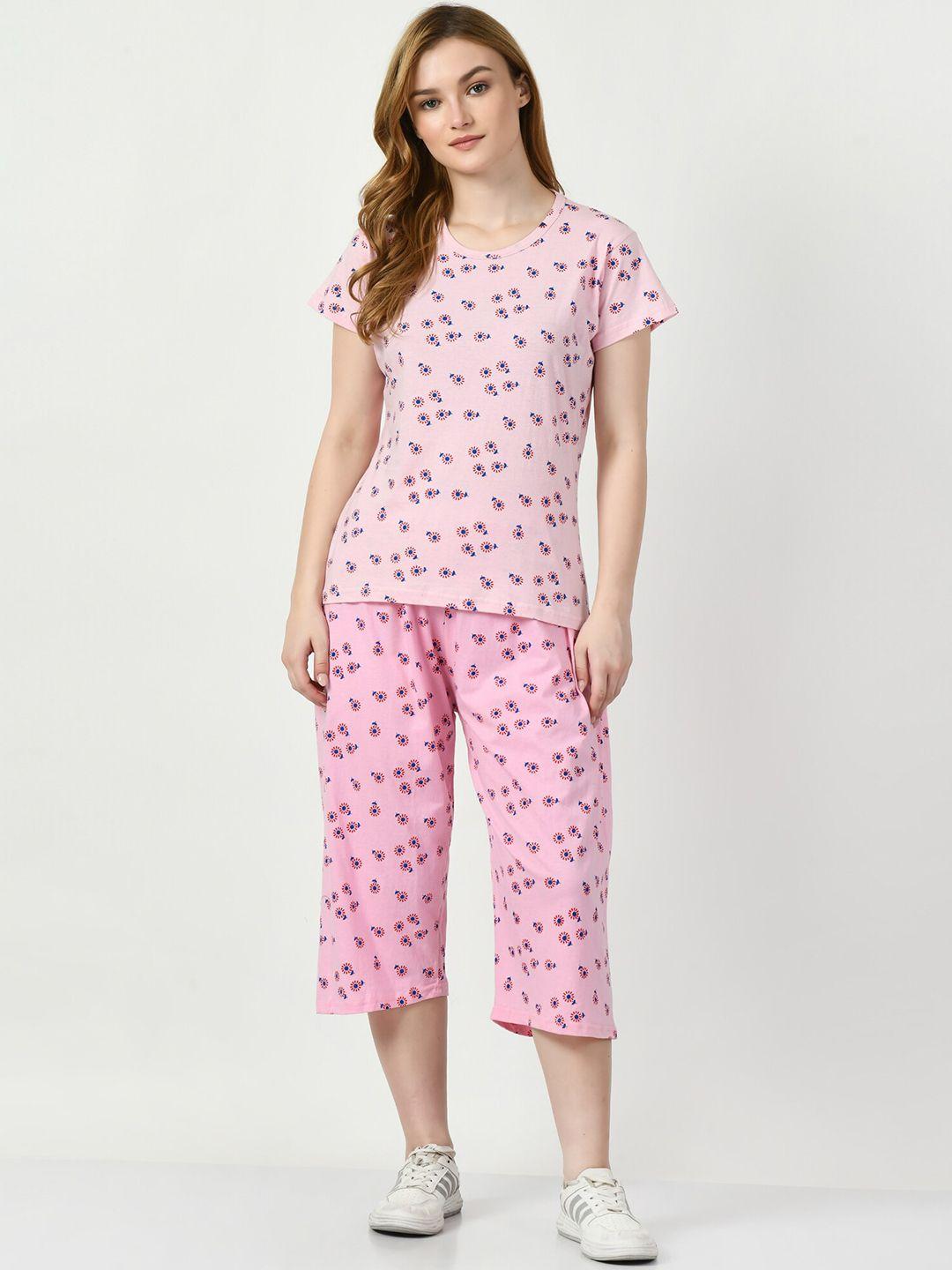 baesd printed cotton t-shirt & capri night suit set