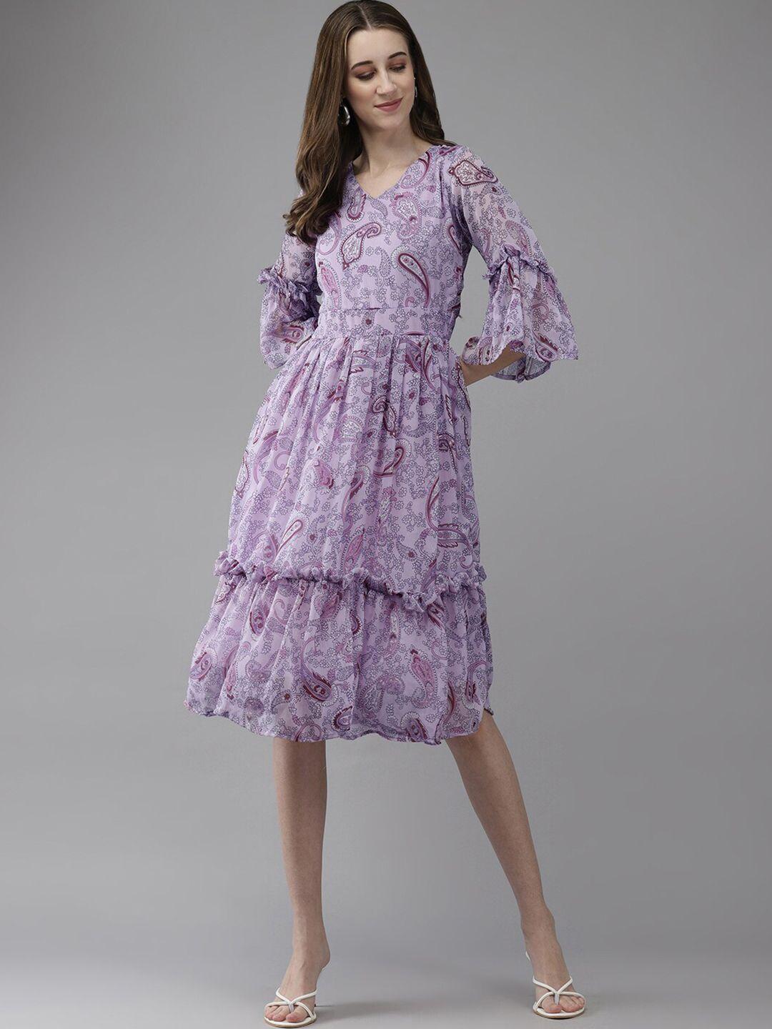 baesd purple floral print bell sleeve georgette fit & flare dress
