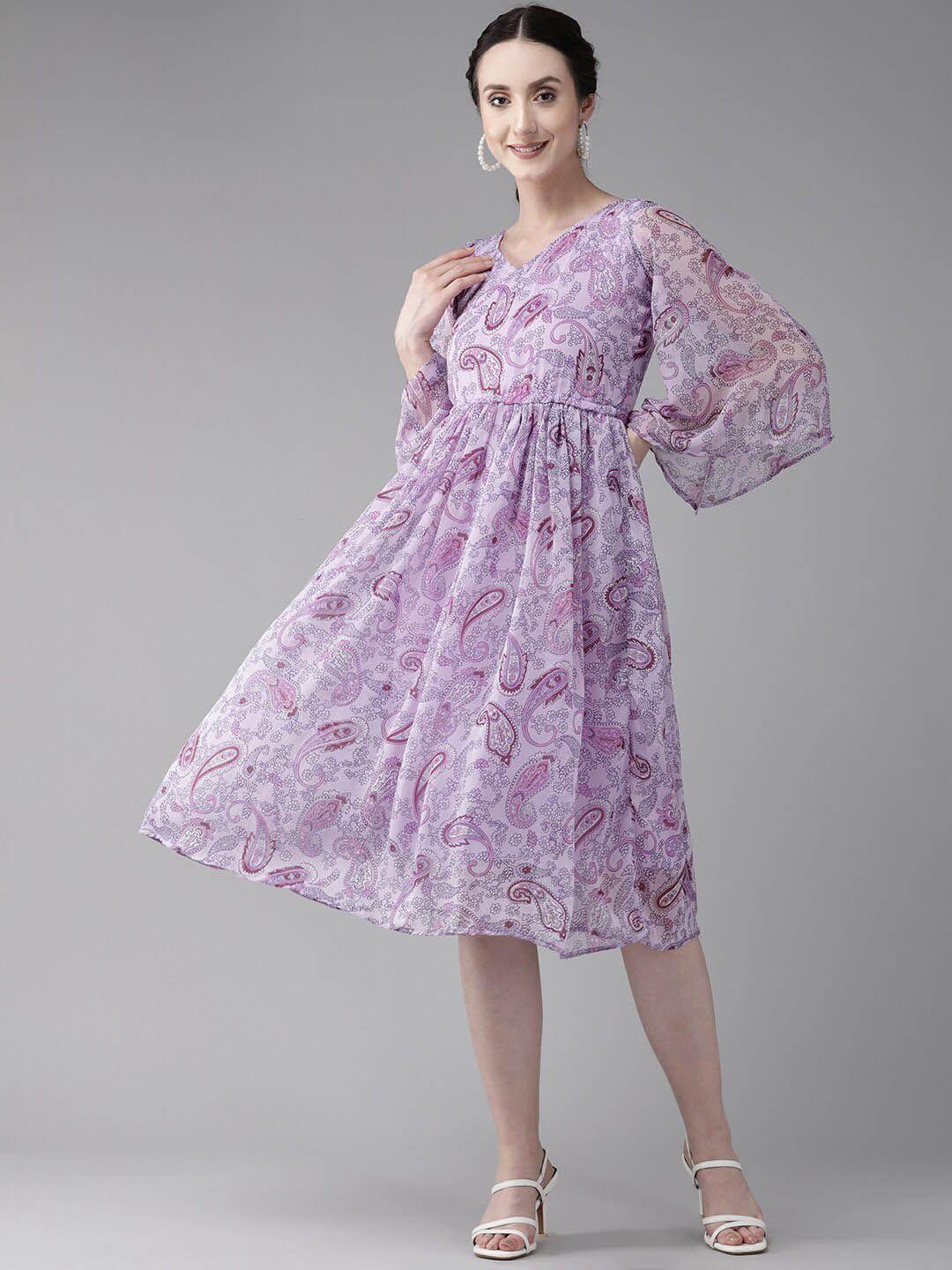baesd purple floral print puff sleeve georgette fit & flare midi dress