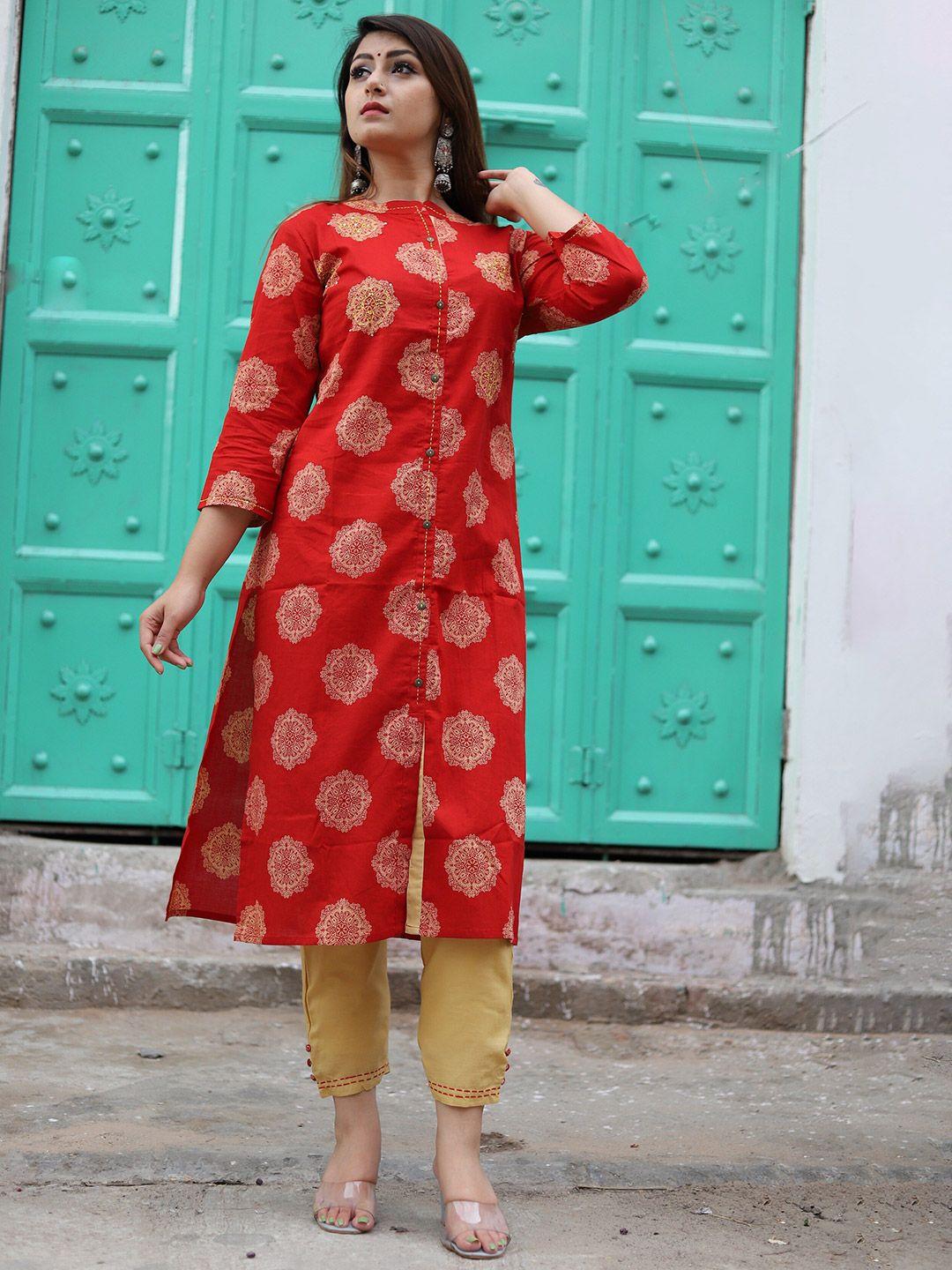 baesd red and brown printed regular thread work pure cotton kurta with trousers