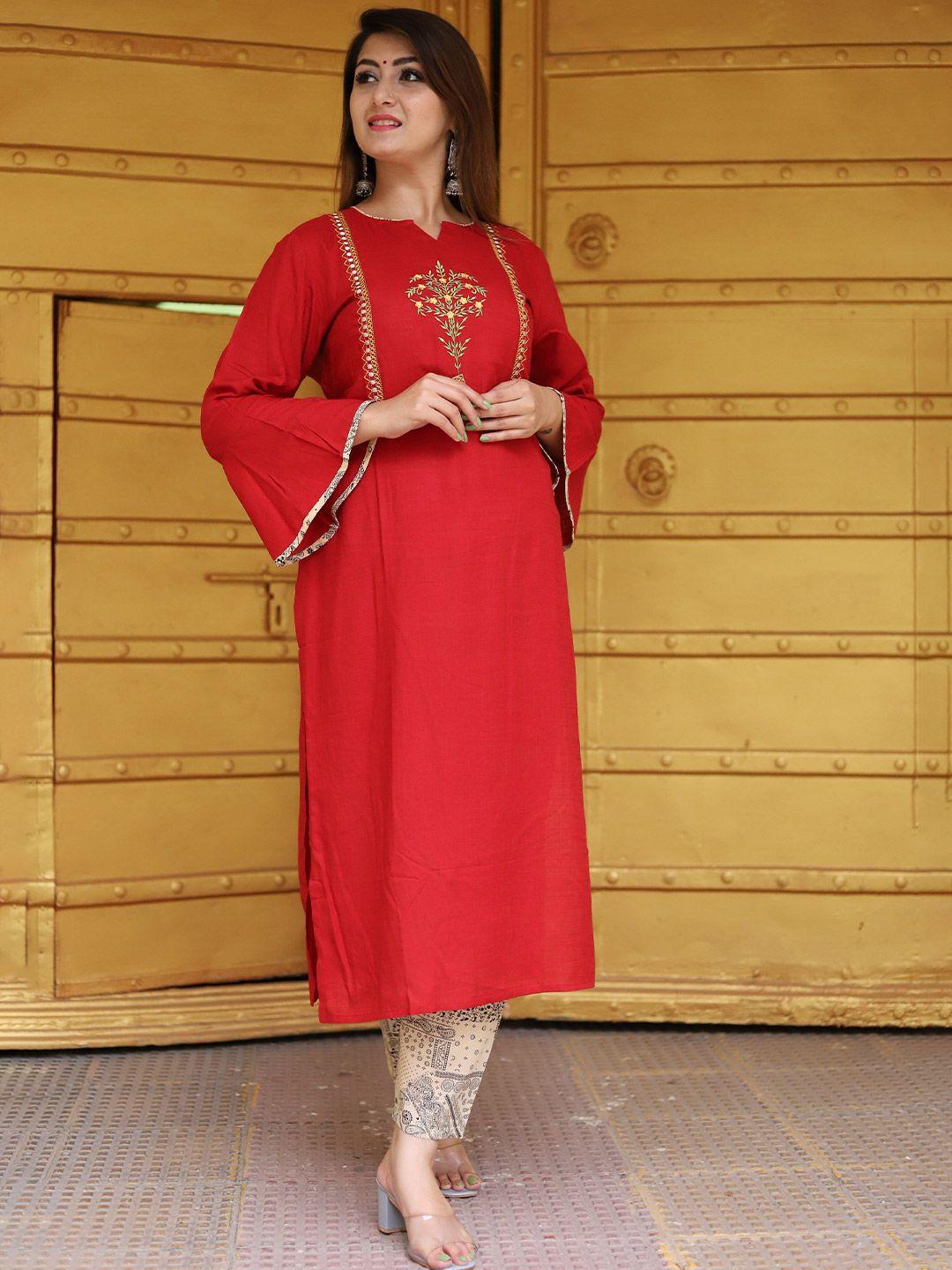 baesd red and goldtoned embroidered regular thread work kurta with trousers