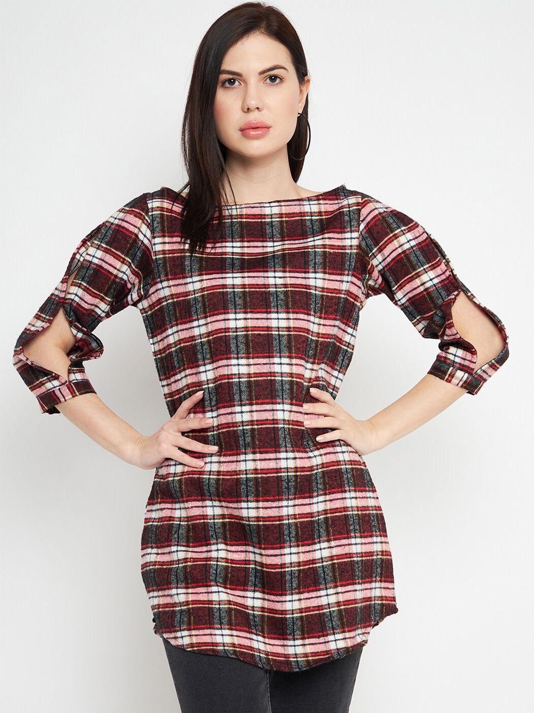 baesd red checked roll-up sleeves cotton styled back top