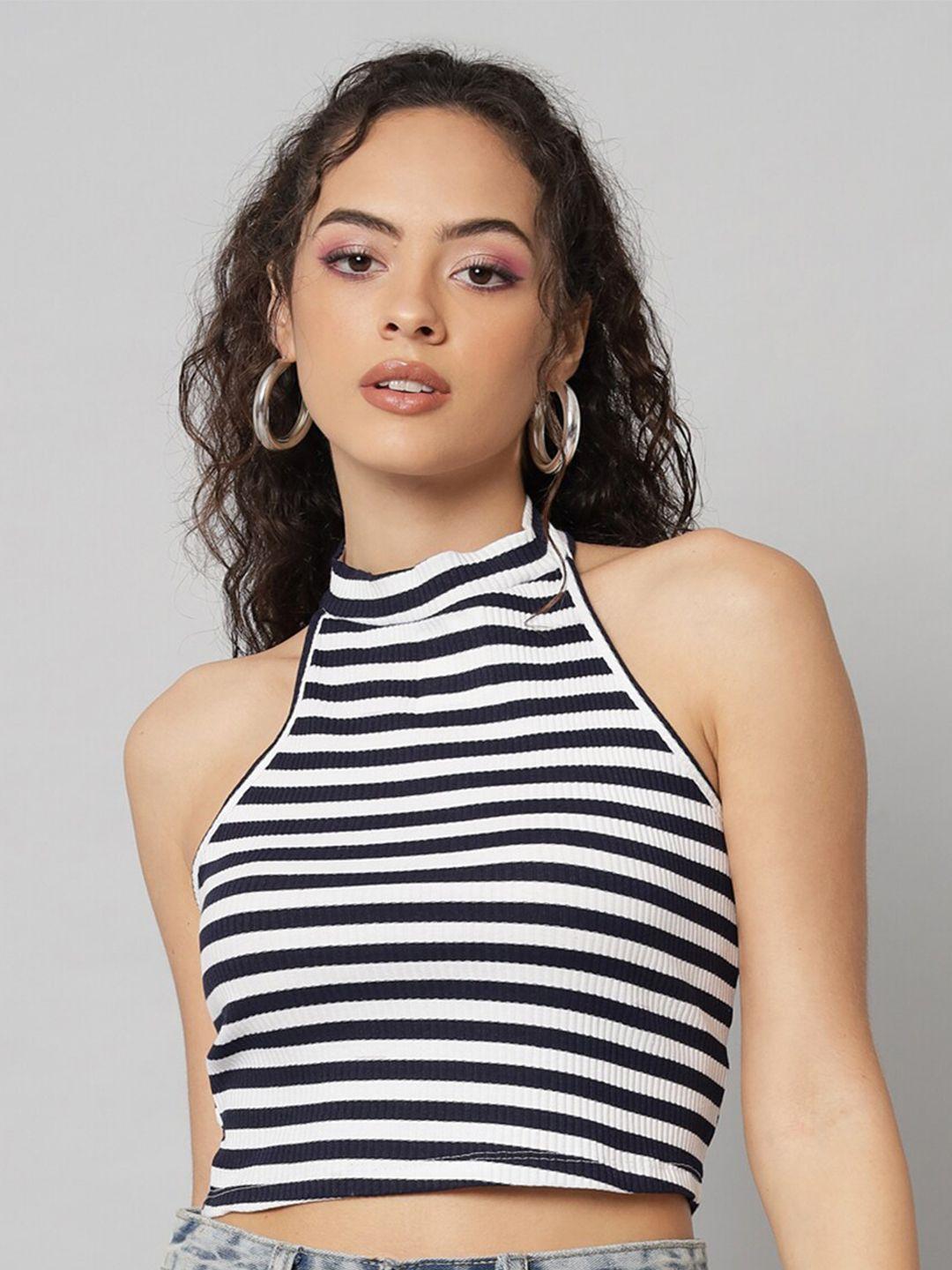 baesd striped halter neck fitted cotton crop top