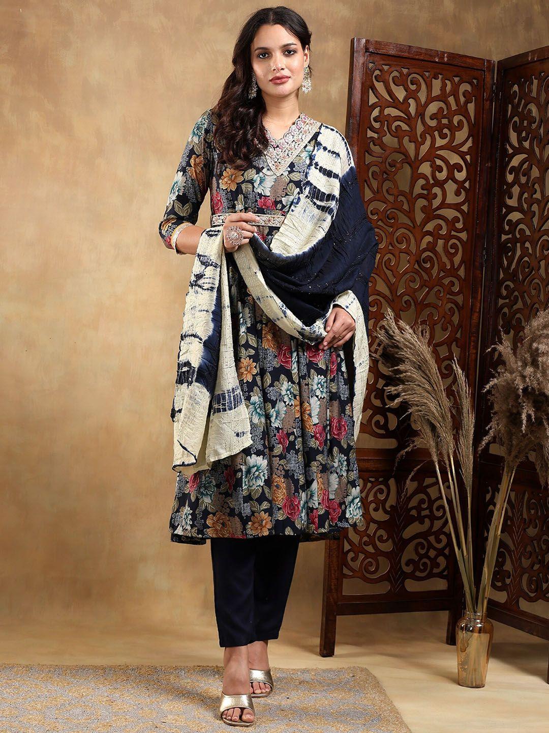 baesd women blue ethnic motifs embroidered pleated kurta with trousers & with dupatta