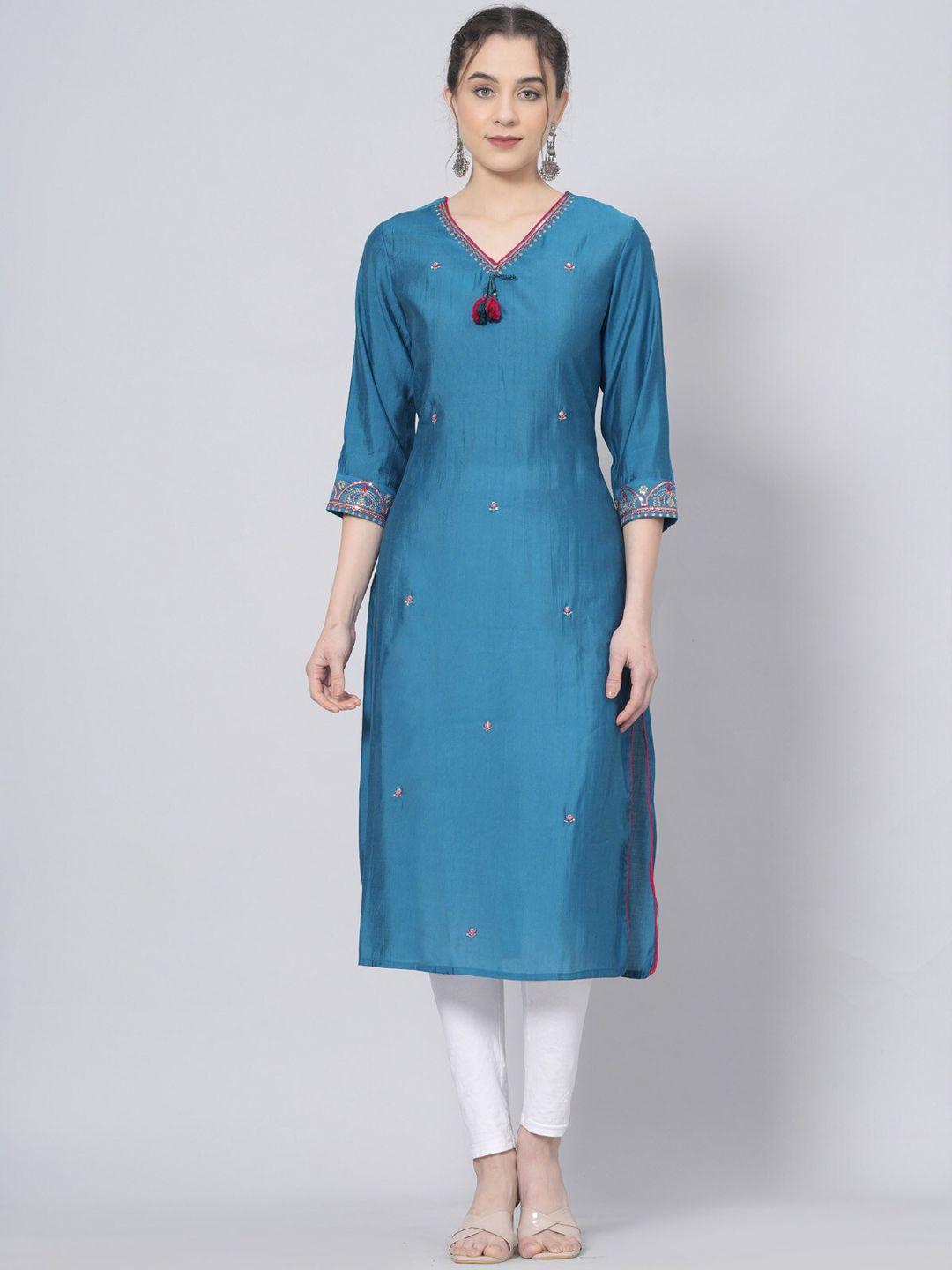 baesd women geometric embroidered thread work pastels chanderi silk kurta