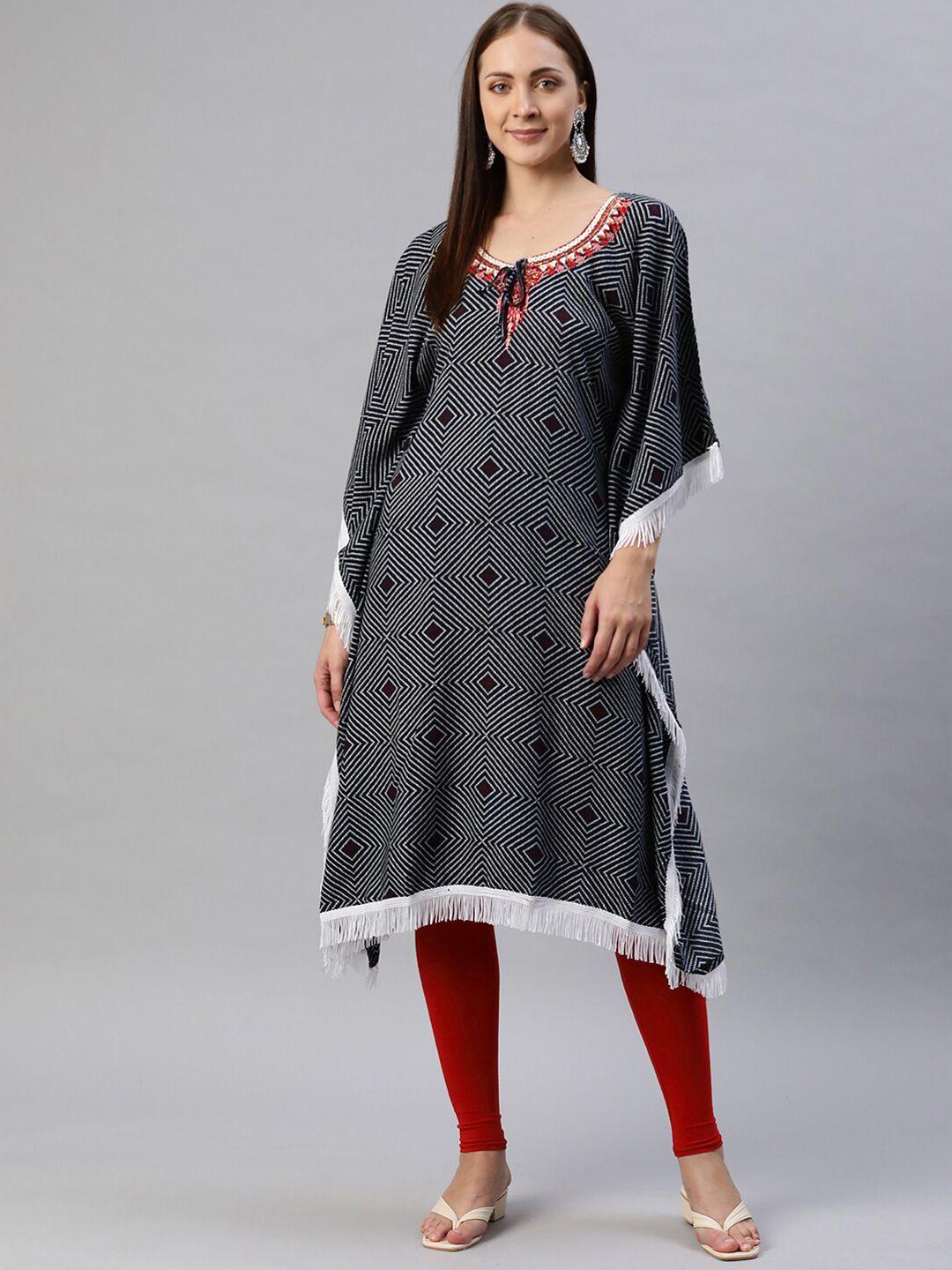 baesd women geometric printed extended sleeves thread work kaftan kurta