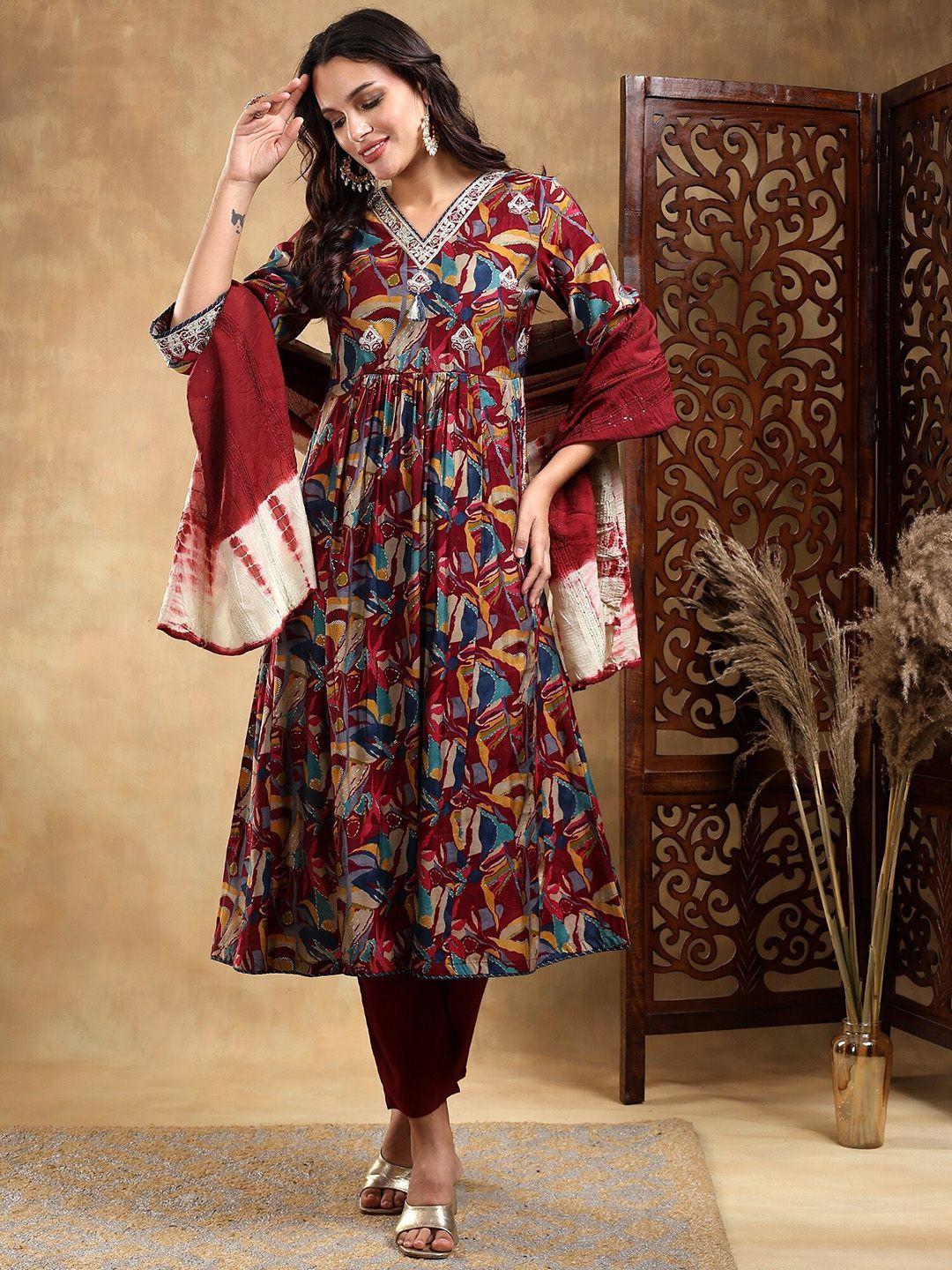 baesd women maroon ethnic motifs embroidered pleated kurta with trousers & with dupatta