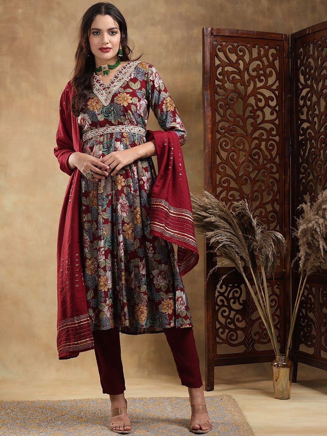 baesd women maroon ethnic motifs embroidered pleated kurta with trousers & with dupatta