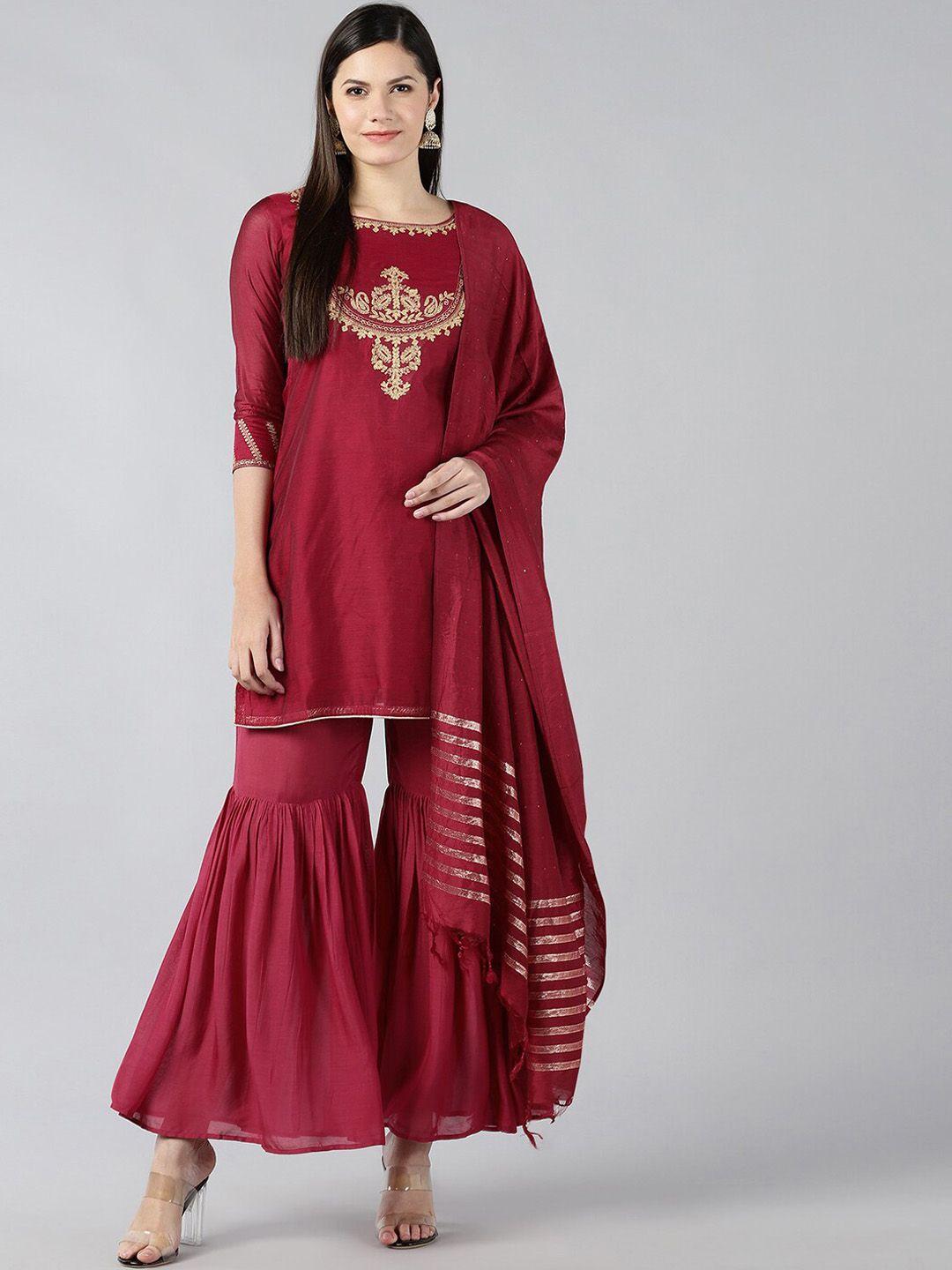 baesd women maroon regular chanderi cotton kurta with sharara & with dupatta