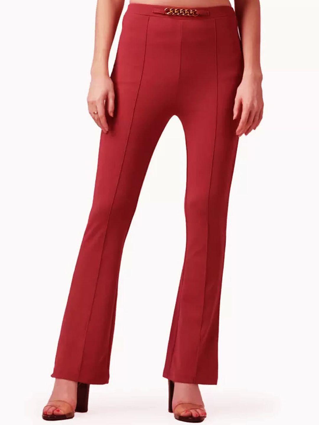 baesd women maroon relaxed straight leg skinny fit high-rise wrinkle free pleated trousers