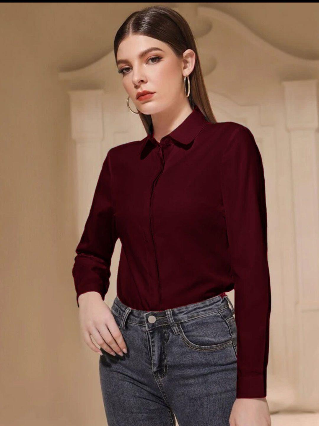 baesd women maroon slim fit opaque casual shirt