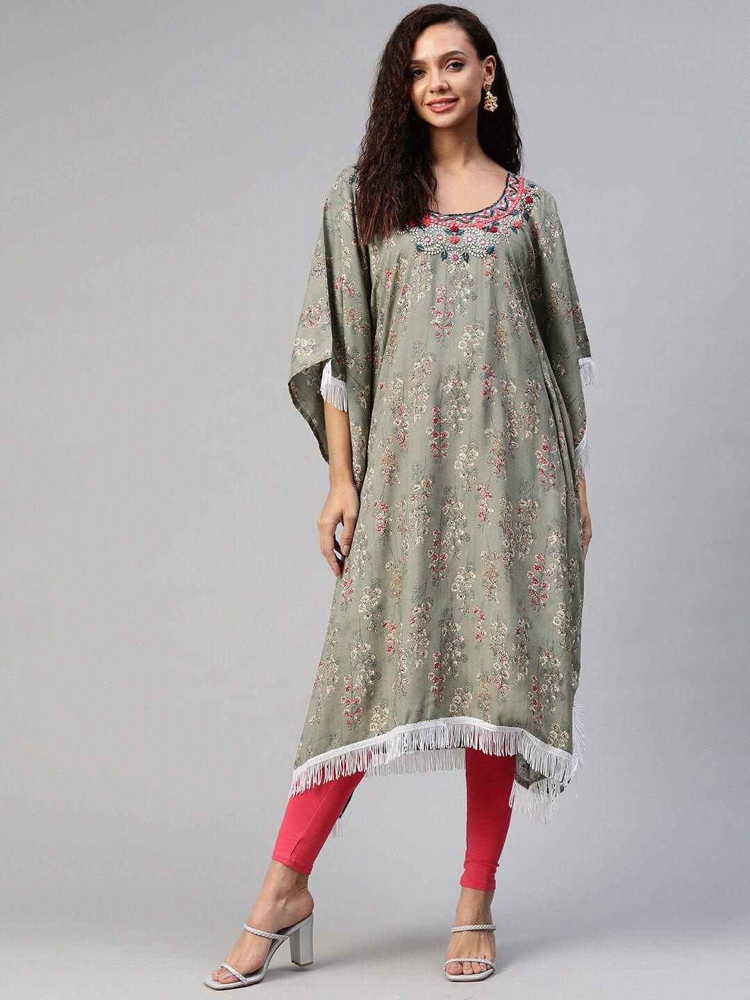 baesd women multicoloured embroidered flared sleeves mirror work handloom kaftan kurta