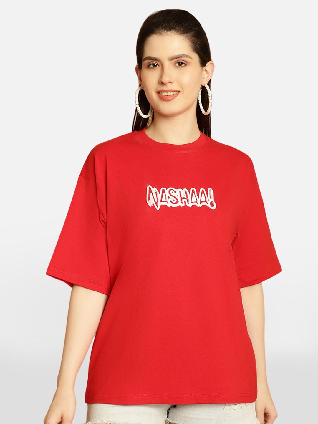 baesd women red printed drop-shoulder sleeves t-shirt