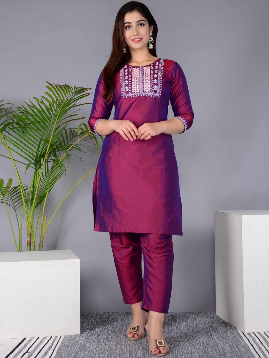 baesd  floral yoke design regular mirror work straight kurta with trousers