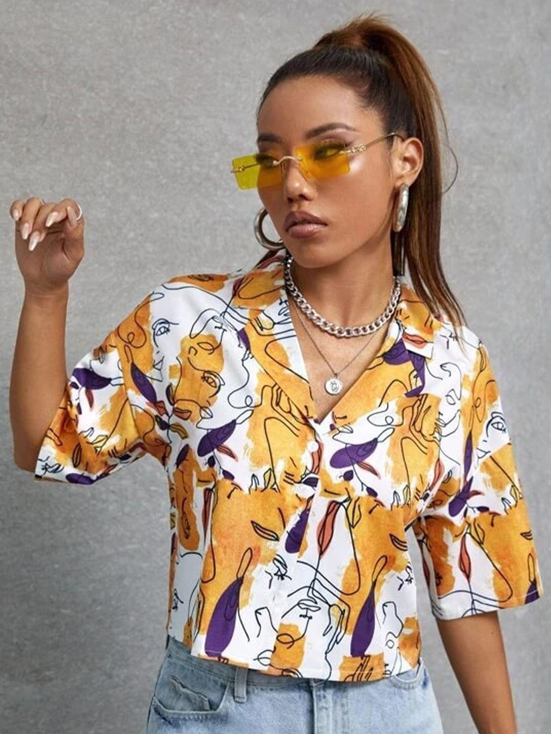 baesd abstract printed cuban collar crop casual shirt