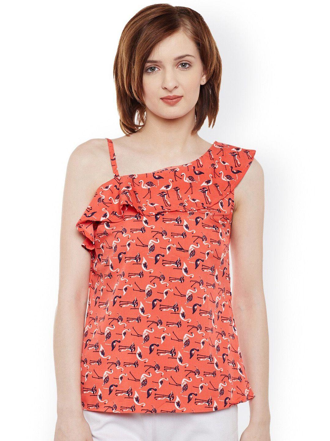 baesd abstract printed one shoulder ruffled top