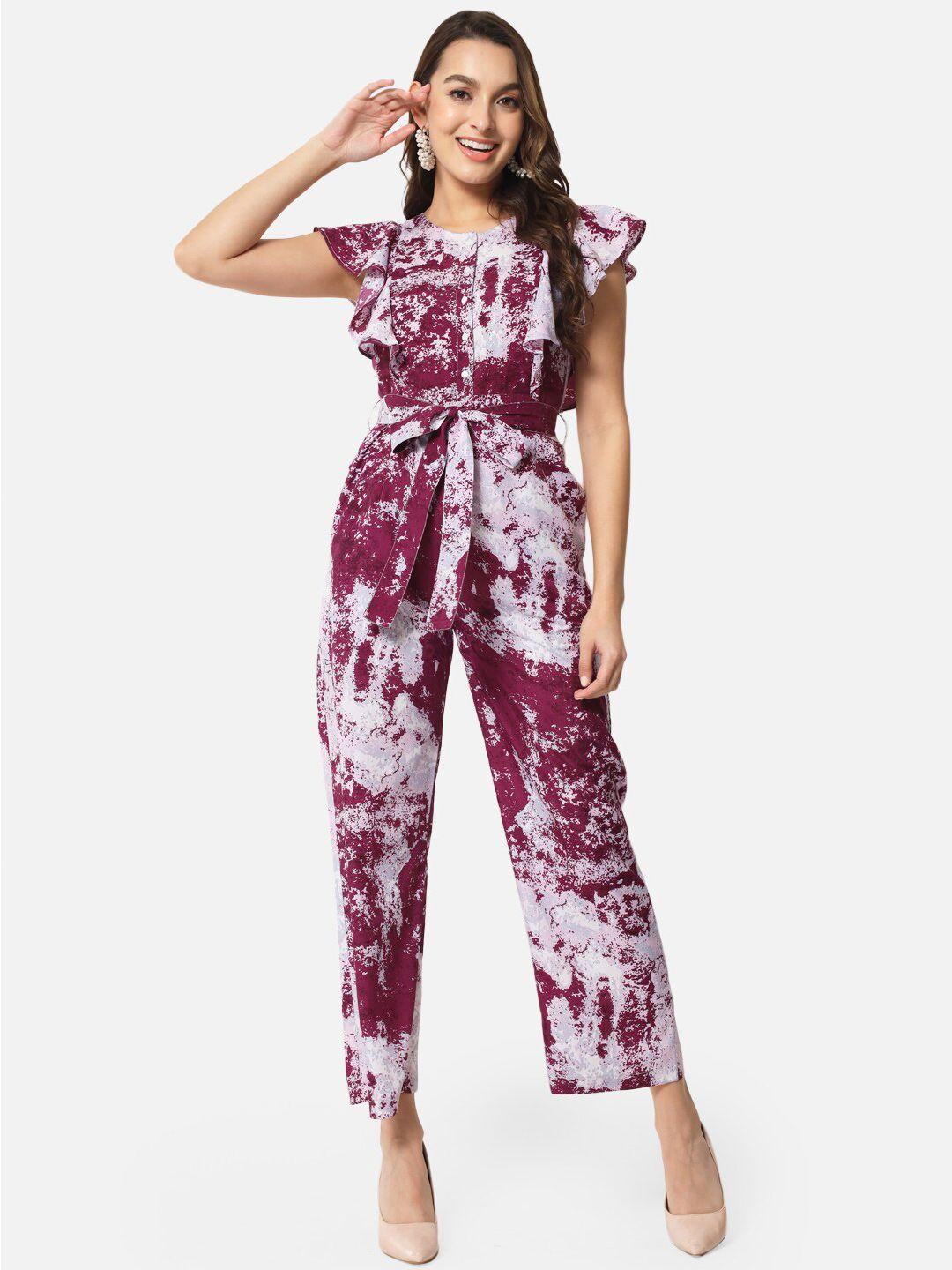 baesd abstract printed ruffled waist tie-up basic jumpsuit