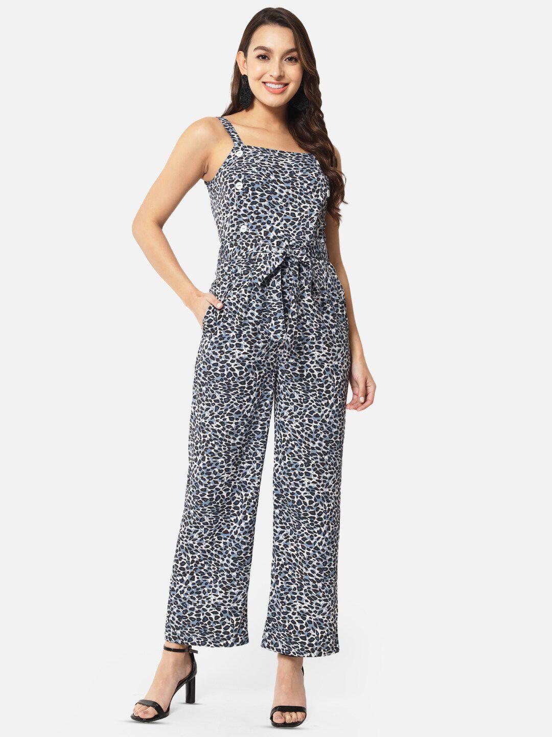 baesd abstract printed shoulder straps waist tie-ups basic jumpsuit