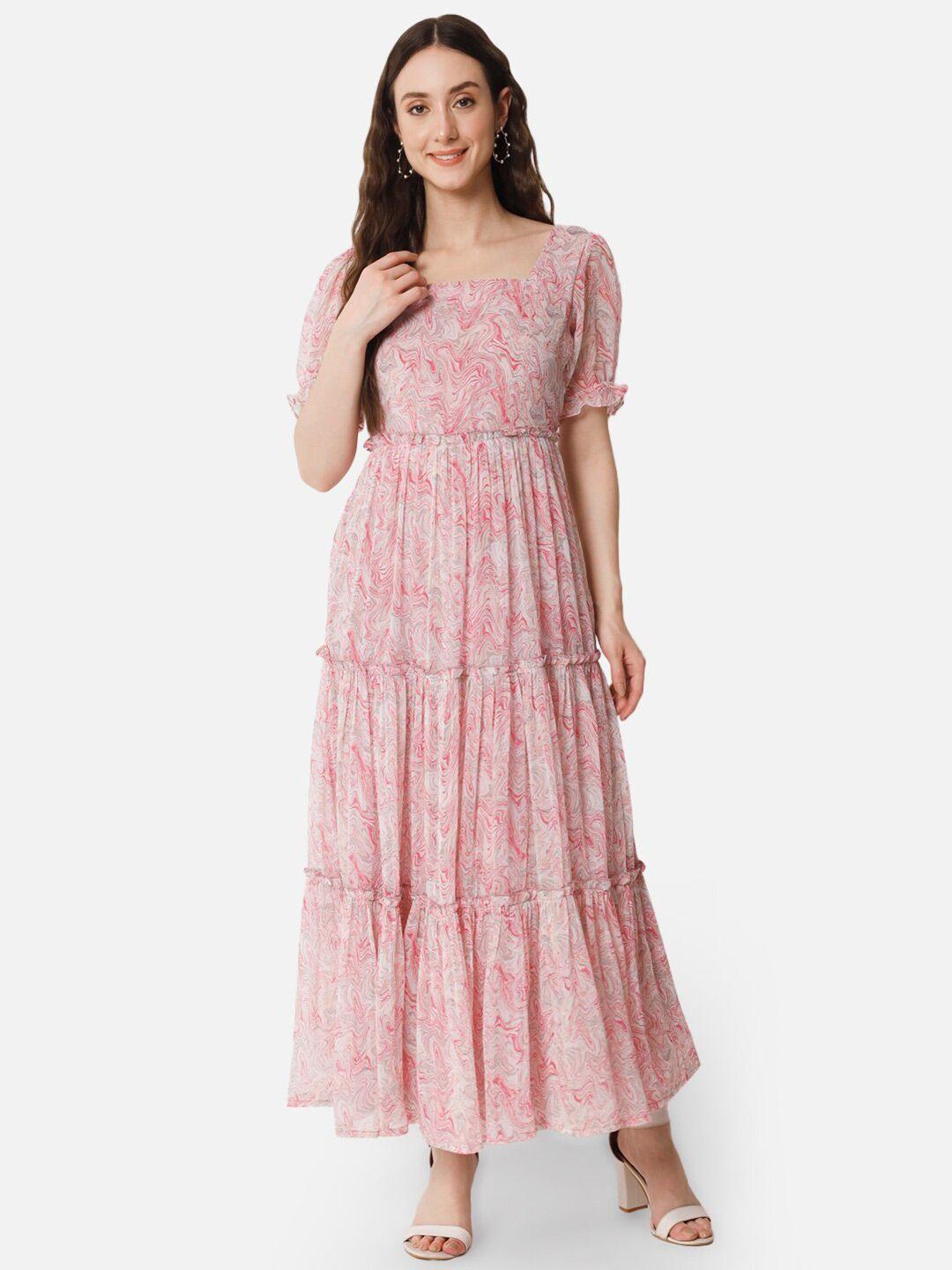 baesd abstract printed square neck puffed sleeves georgette fit and flare maxi dress