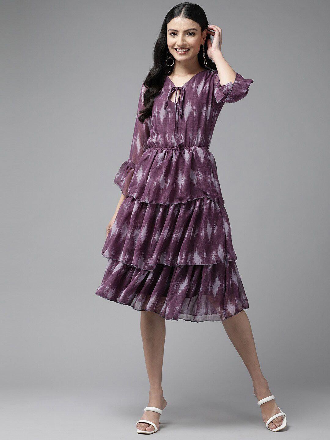 baesd abstract printed tie-up neck gathered a-line dress