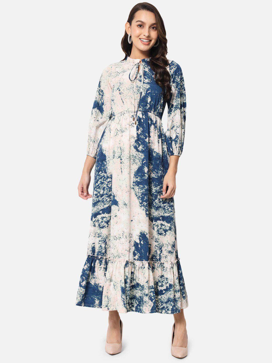 baesd abstract printed tie-up neck gathered detailed fit & flare maxi dress