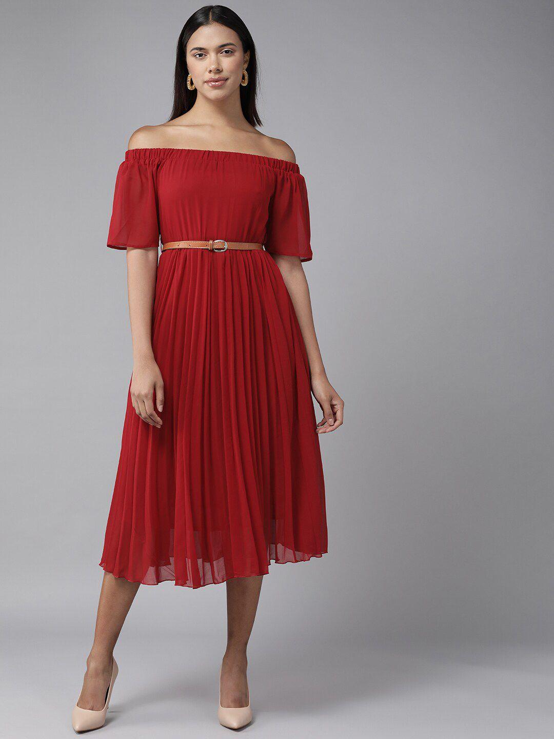 baesd accordion plates off-shoulder belted a-line midi dress