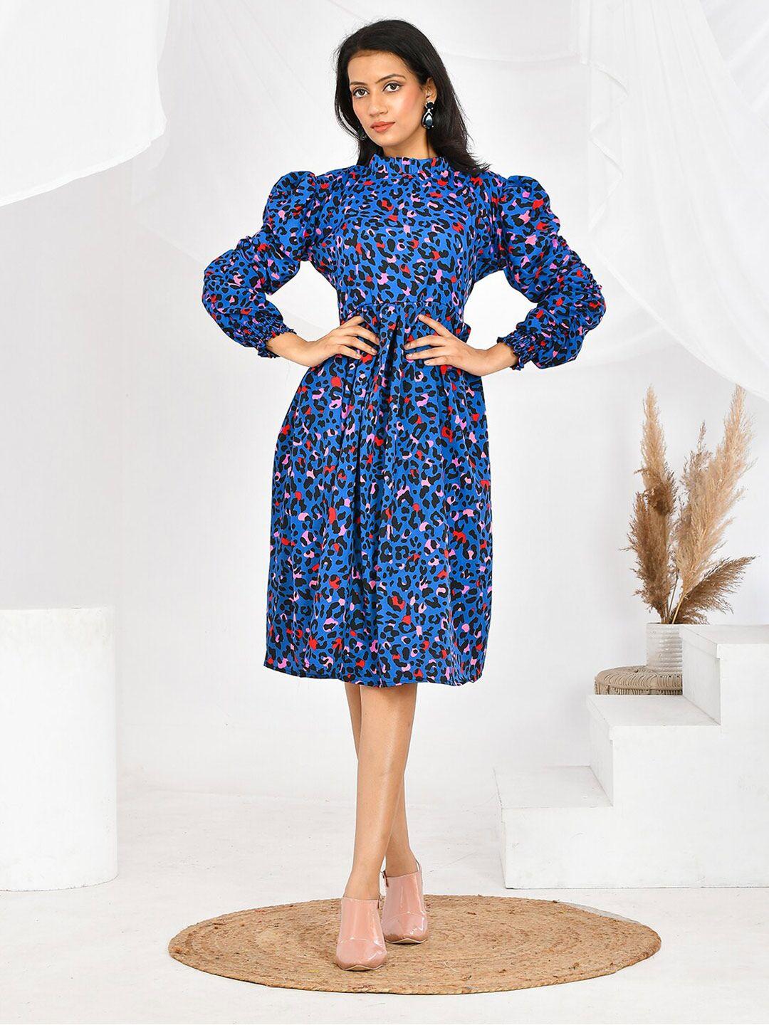 baesd animal printed high neck puff sleeves gathered detailed fit & flare dress