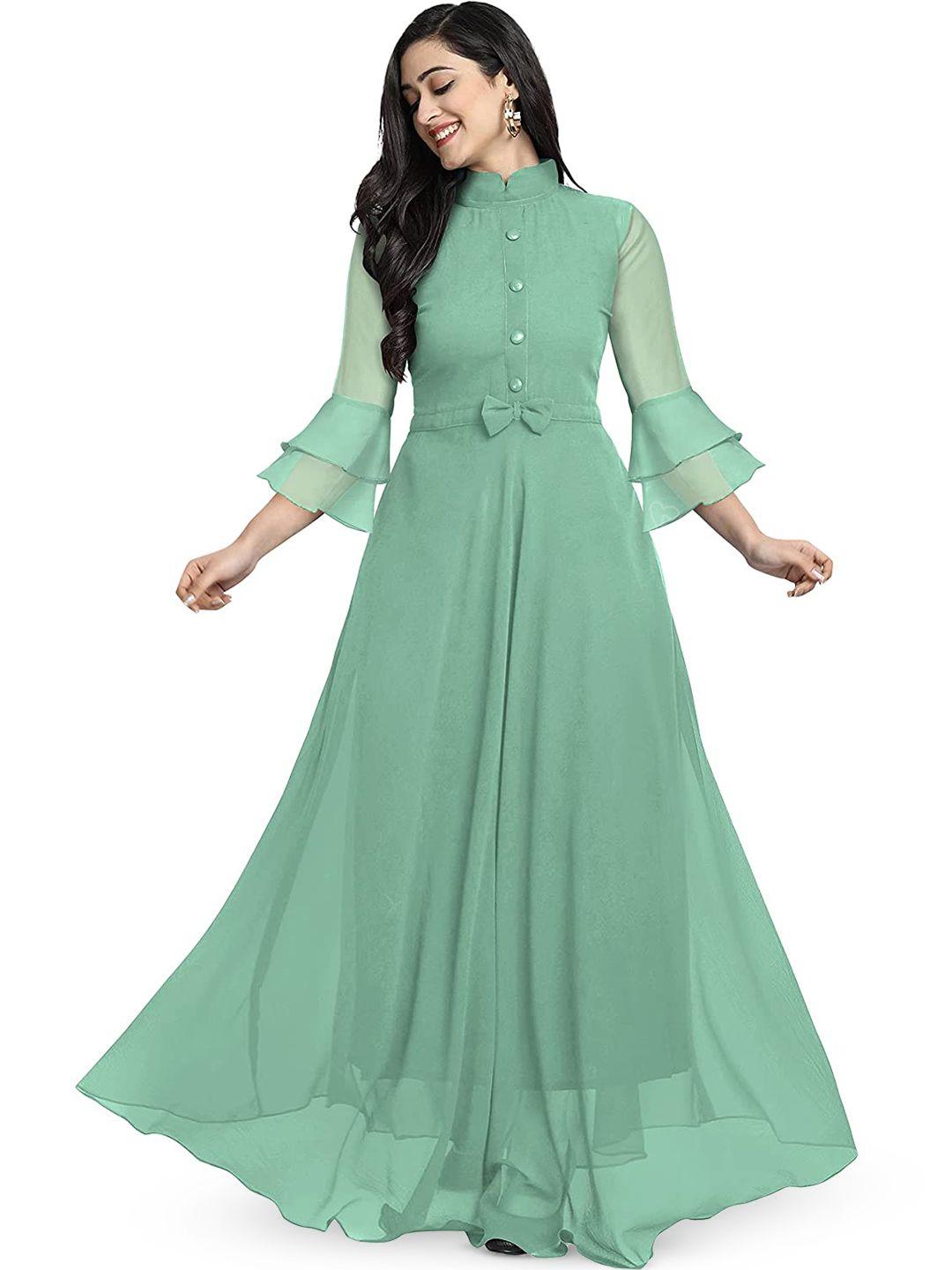 baesd band collar bell sleeve georgette flared maxi dress