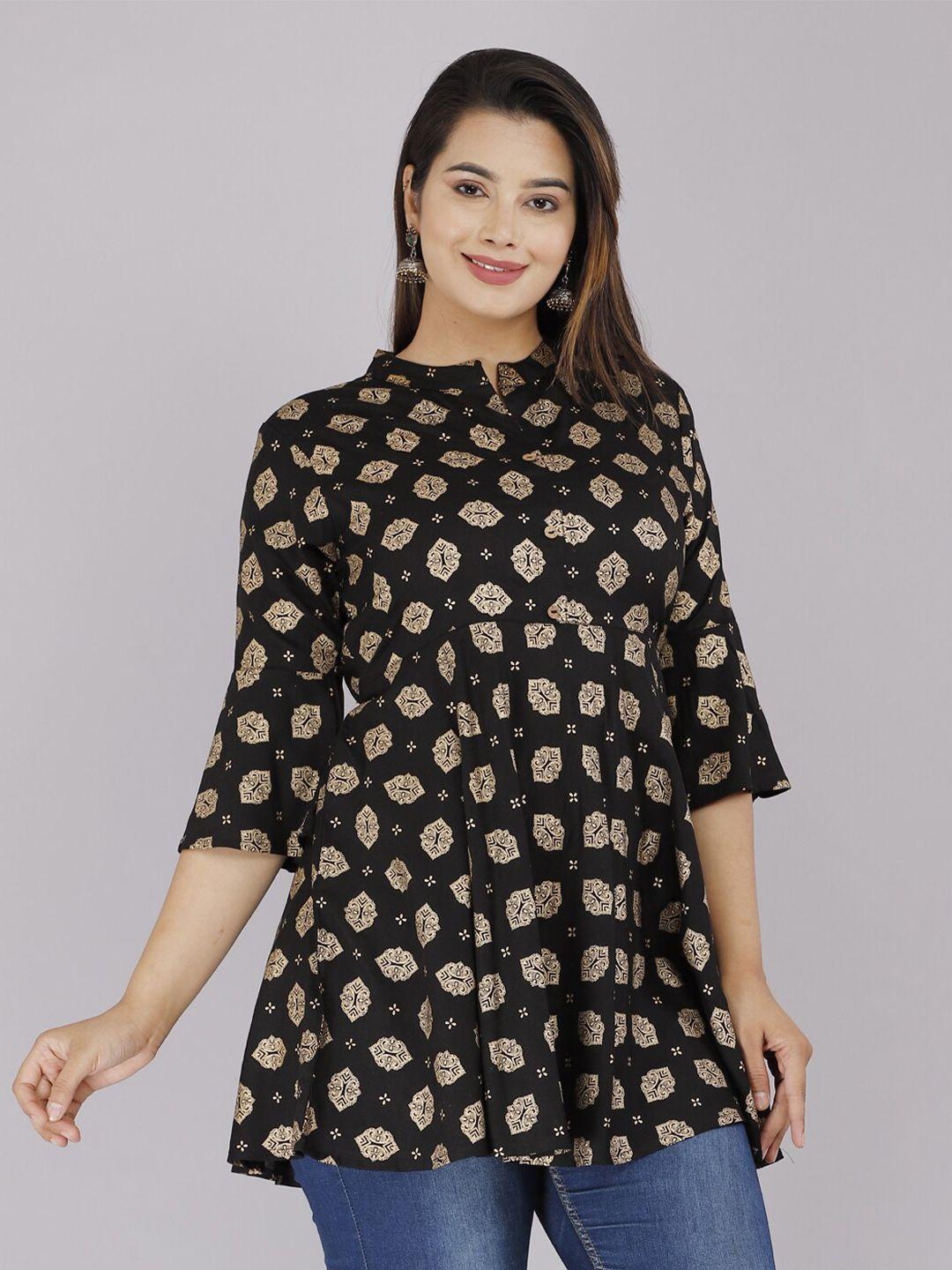 baesd black & gold-toned floral print mandarin collar ethnic top