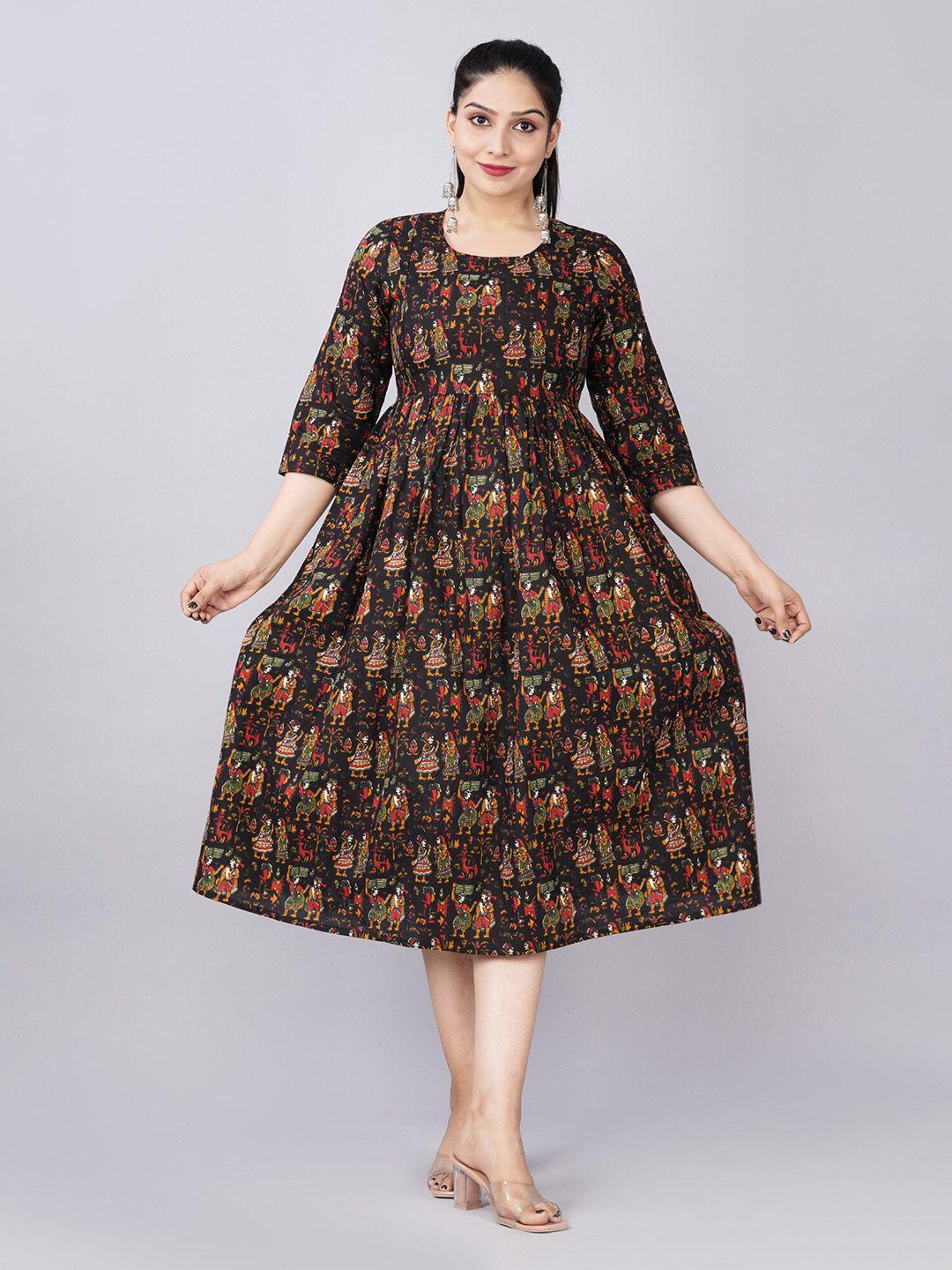 baesd black & multicoloured ethnic motifs print maternity midi fit & flare dress