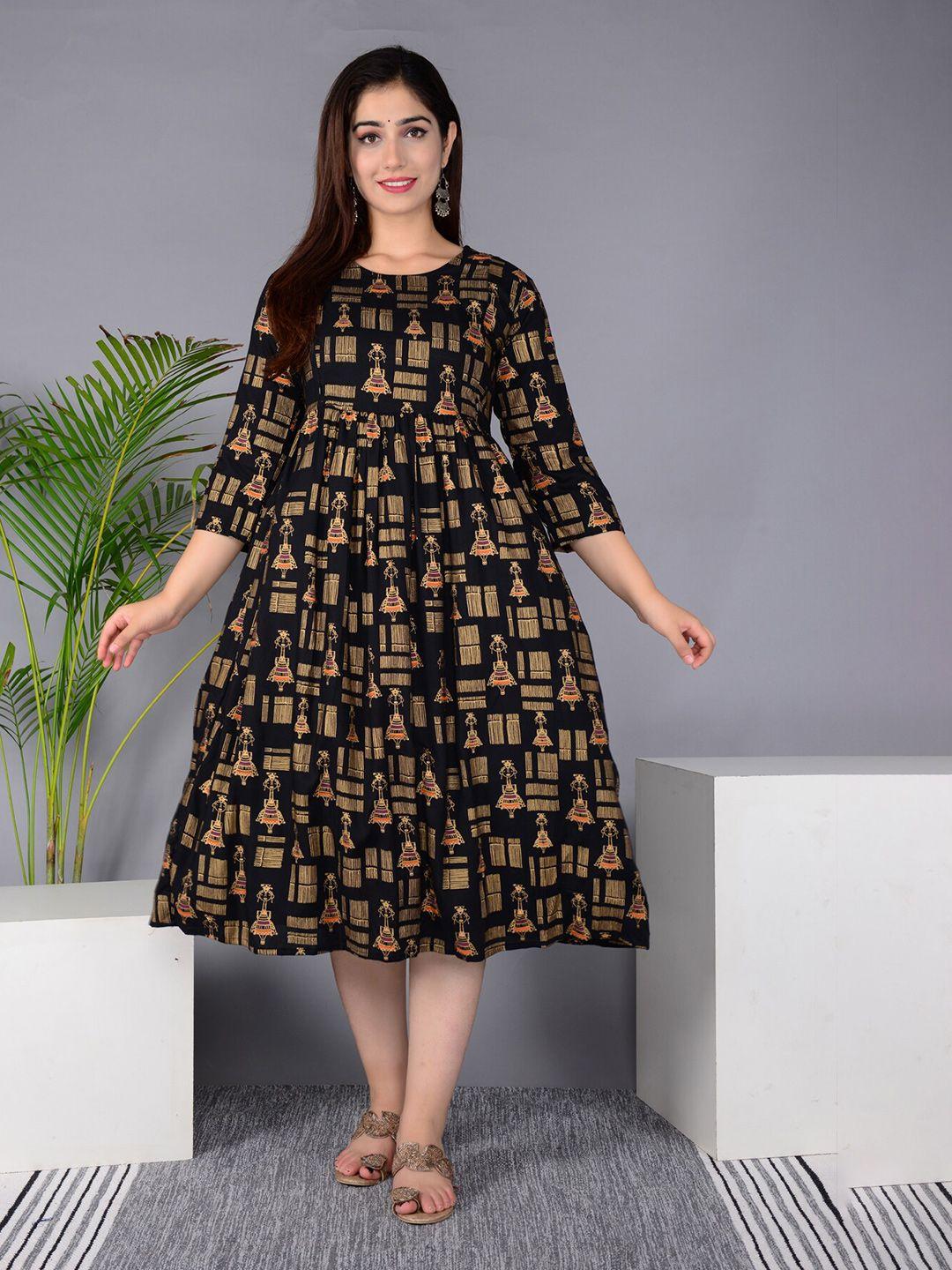 baesd black ethnic motifs print maternity fit & flare dress