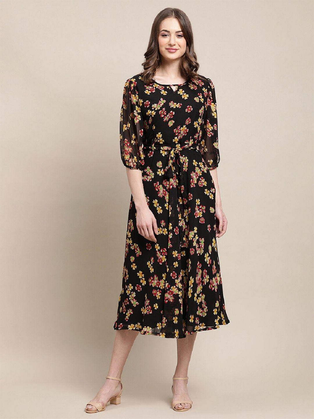 baesd black floral print puff sleeve georgette a-line midi dress