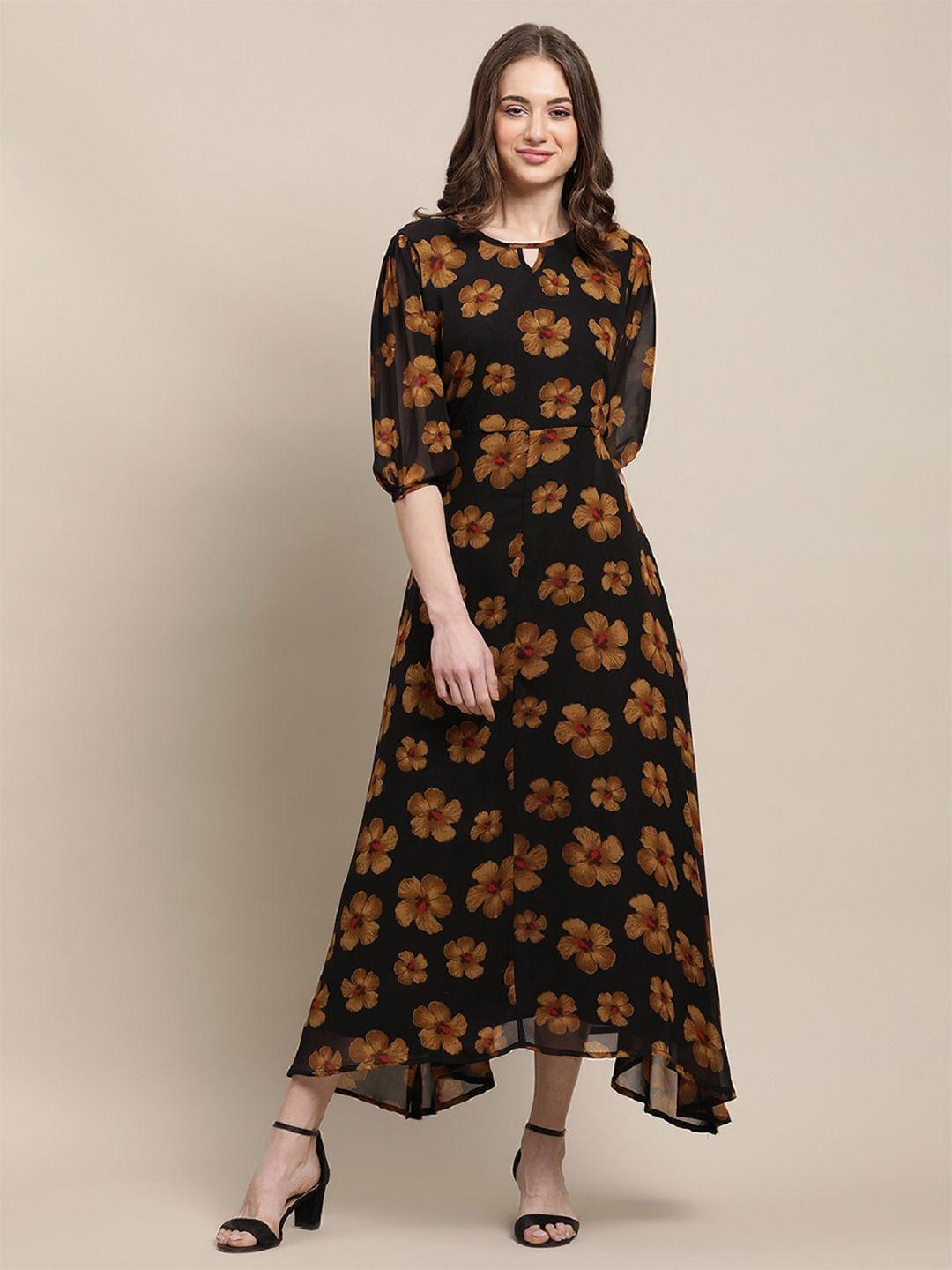 baesd black floral print puff sleeve georgette maxi dress