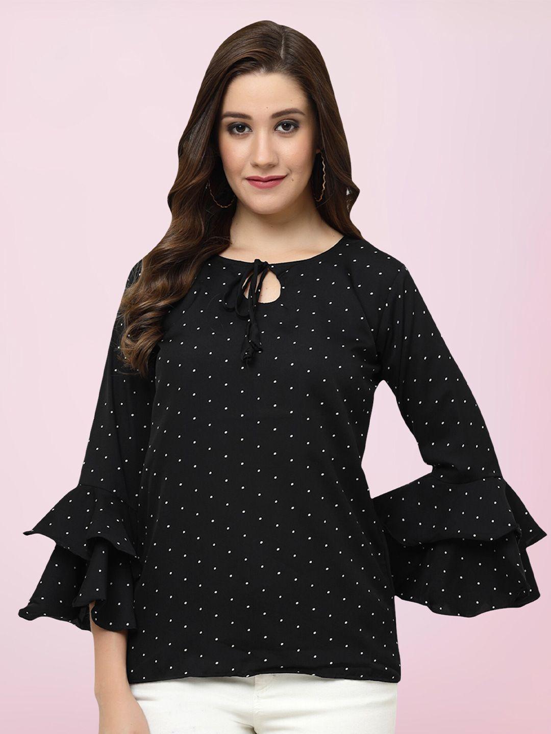 baesd black polka dot print tie-up neck bell sleeve crepe top