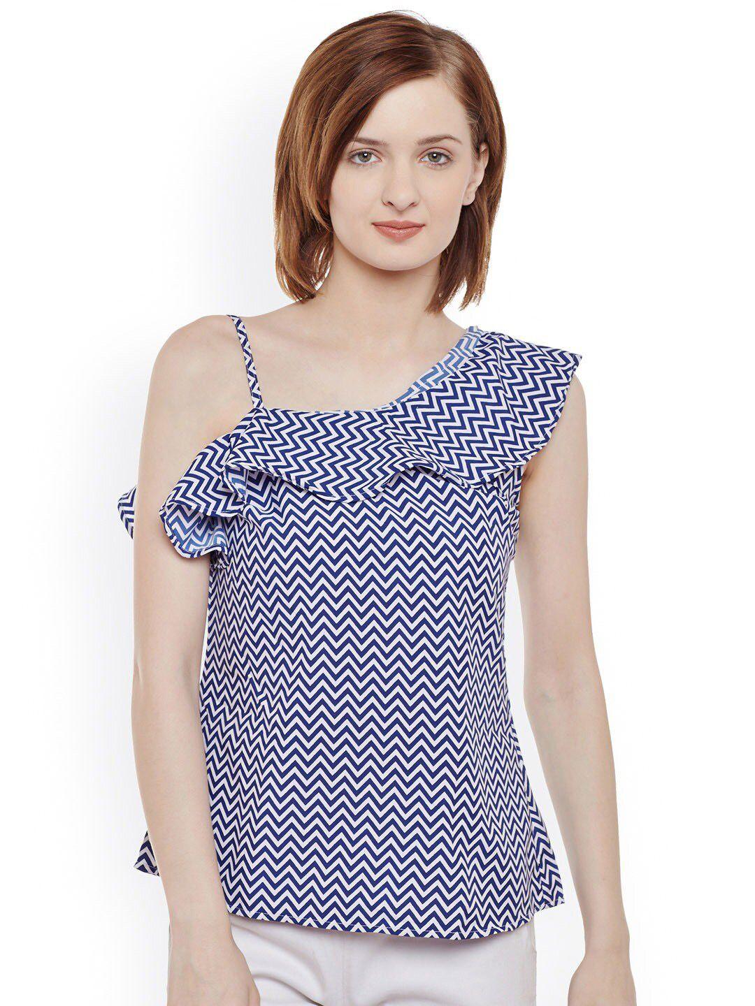 baesd blue & white geometric print crepe top