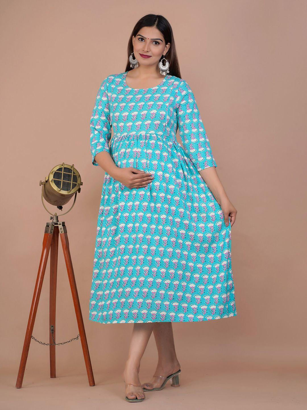 baesd blue ethnic motifs printed maternity fit & flare dress