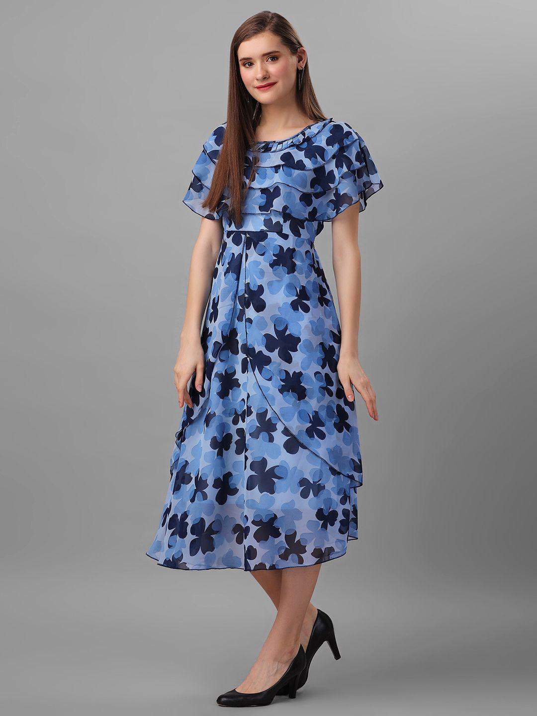 baesd blue floral print cape sleeves georgette midi dress