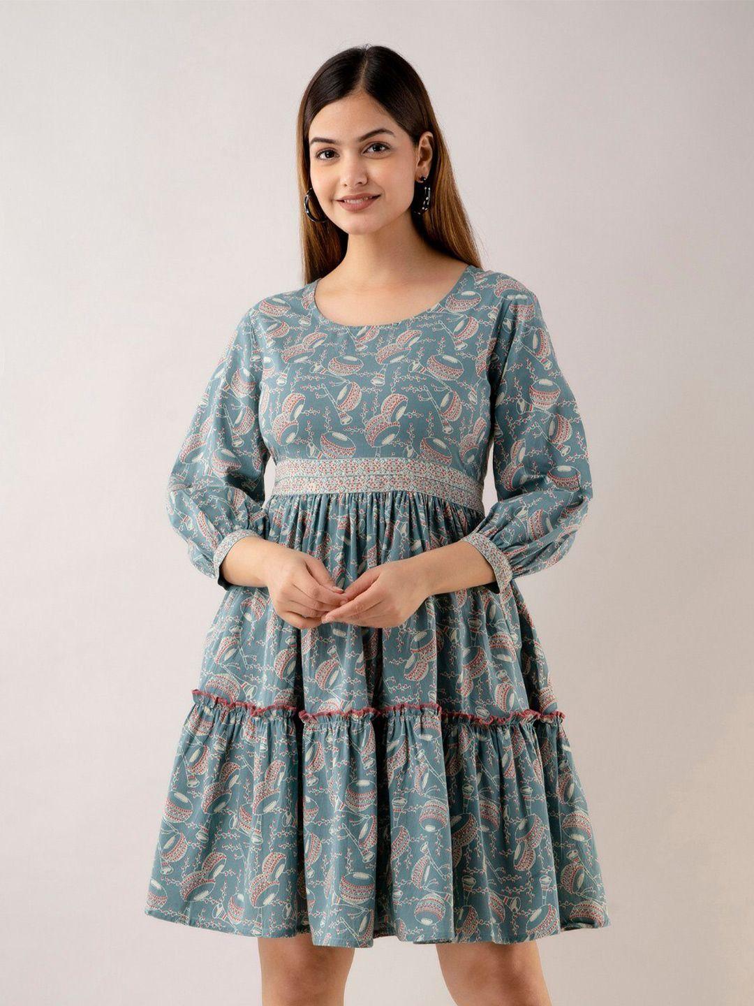 baesd blue floral print fit & flare dress