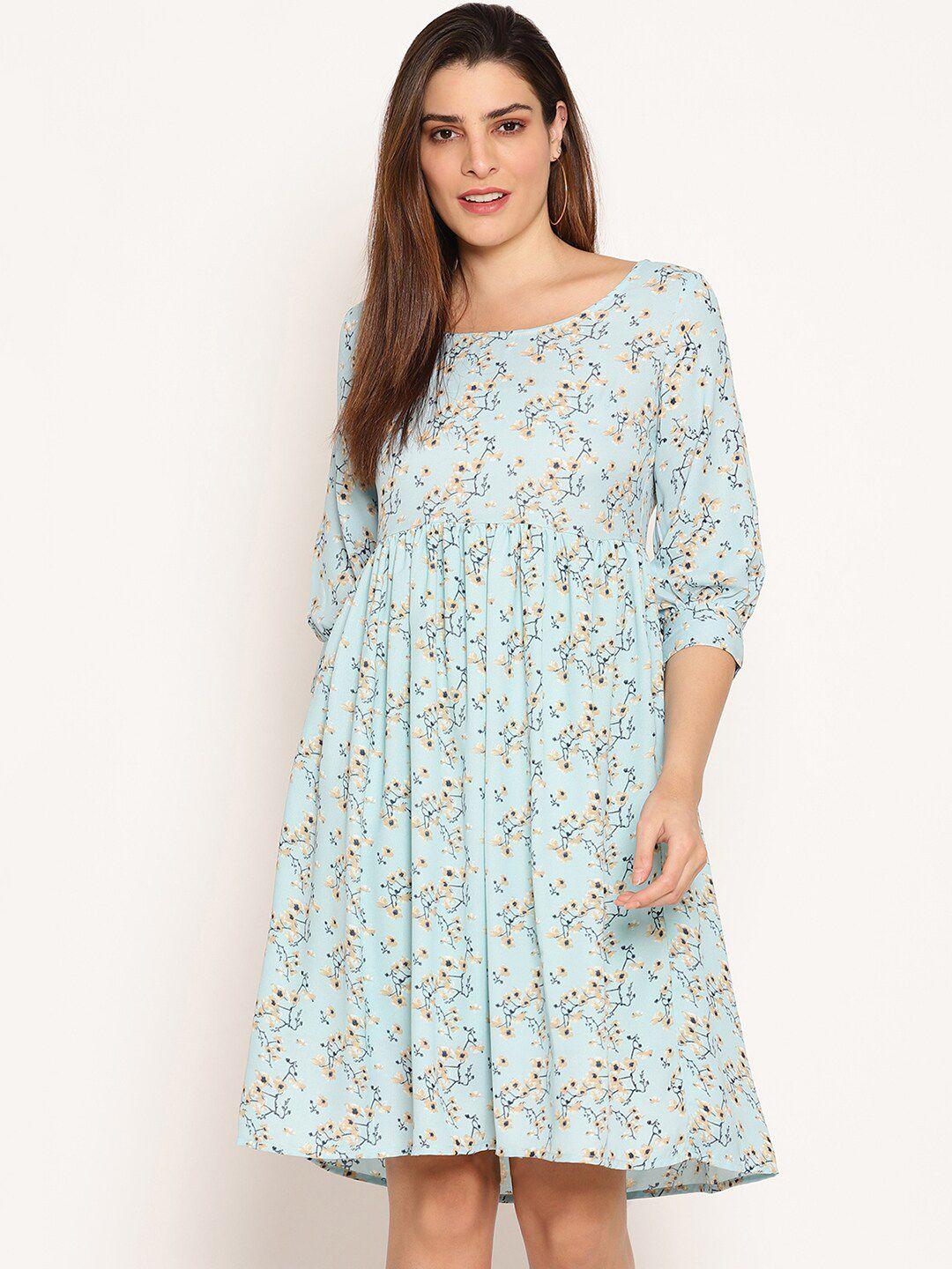 baesd blue floral print puff sleeve georgette fit & flare dress
